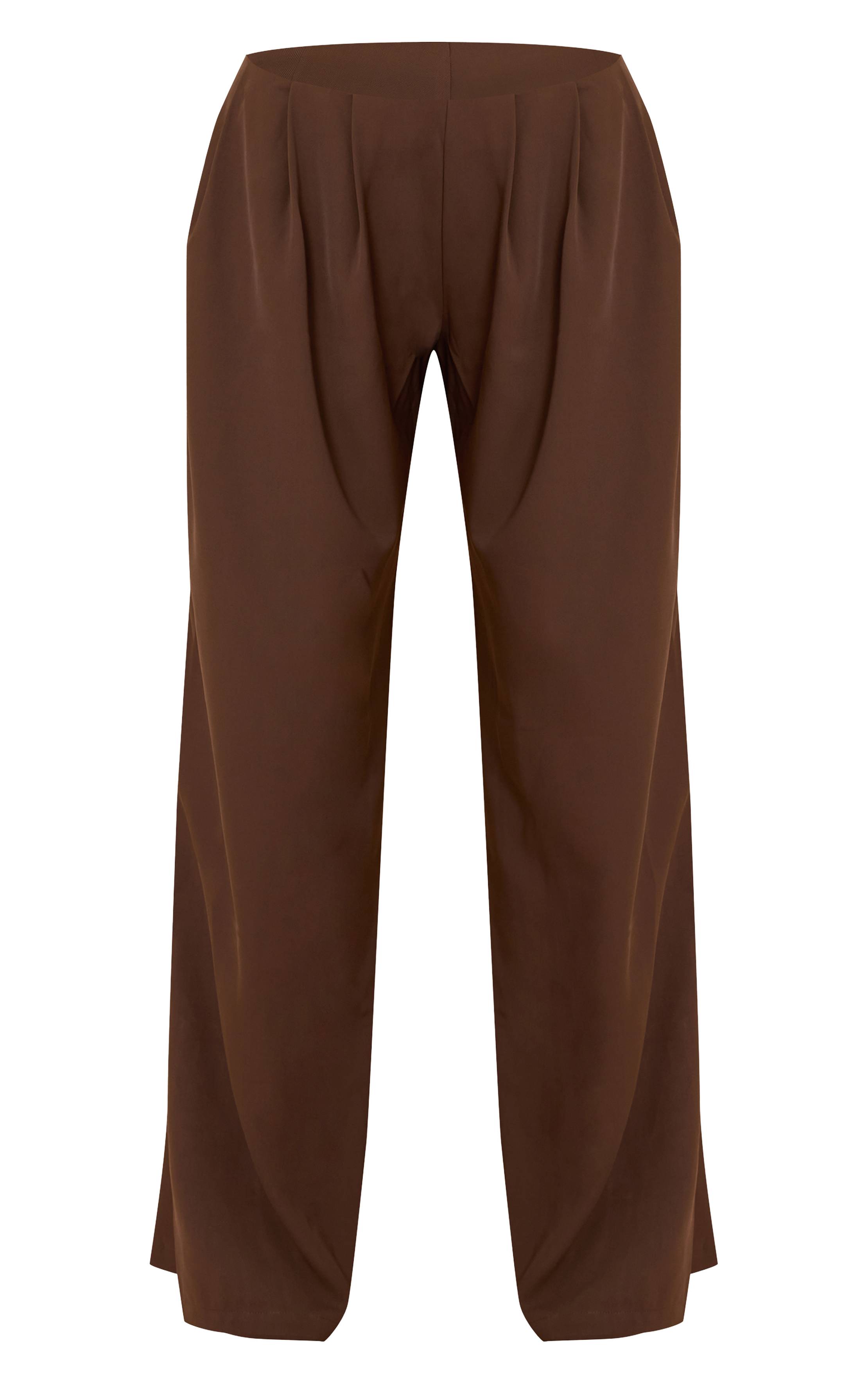 Marron Foncé Pantalon Large Taille Basse Plissé En Tissu Tissé