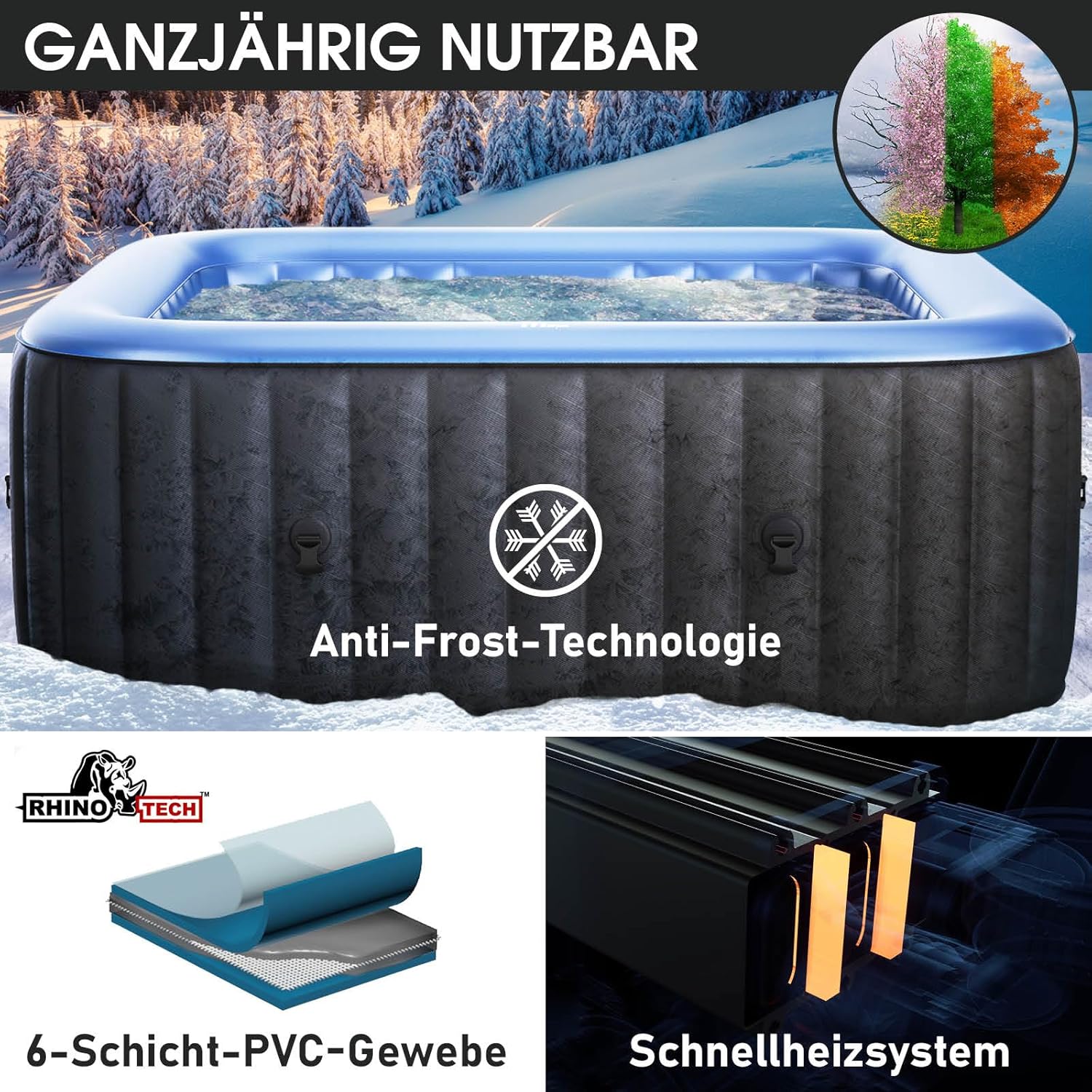 Whirlpool aufblasbar BRAST MSpa Tekapo für 6 Personen 185x185cm In-Outdoor Pool 132 Massagedüsen Energiespar-Timer Heizung Aufblasfunktion per Knopfdruck Bubble Spa Wellness Massage