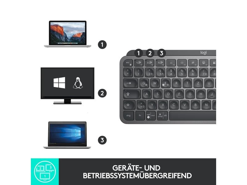 Logitech Tastatur MX Keys Mini Graphite CH-Layout Minimalistische kabellose Tastatur mit Tastenbeleuchtung
