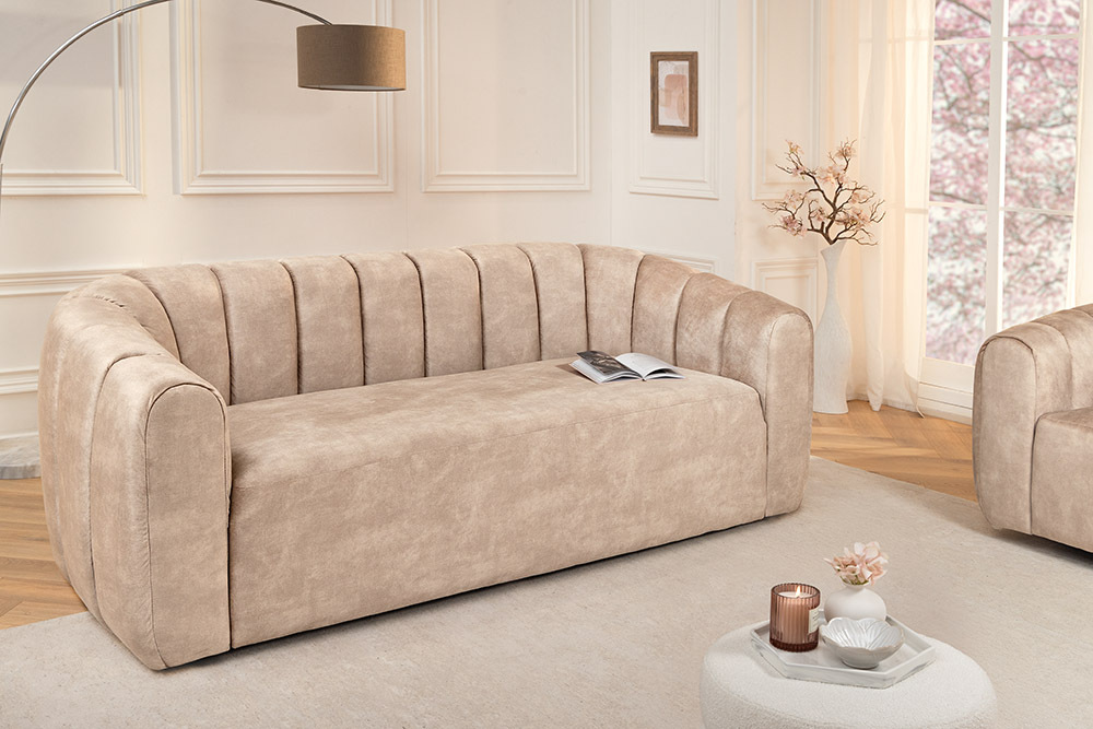 3-Sitzer Sofa BABYLON 200cm champagner beige Samt mit Ziersteppung