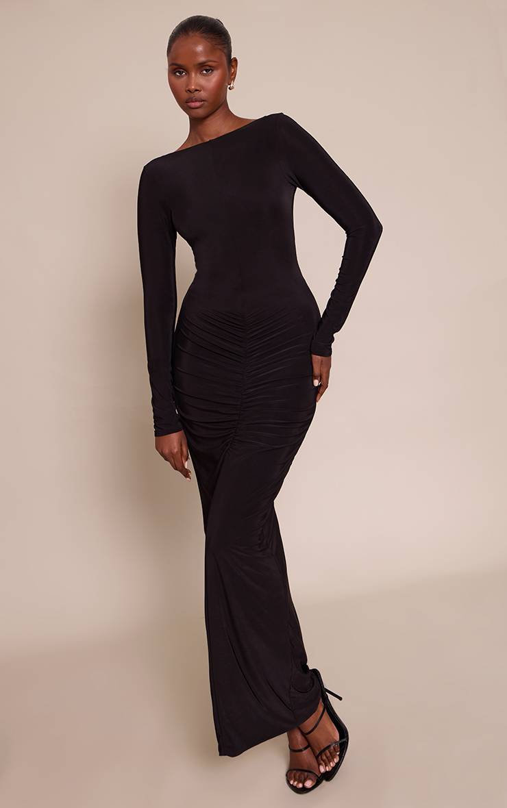 Noir Robe Longue Moulante Froncée À Dos Nu