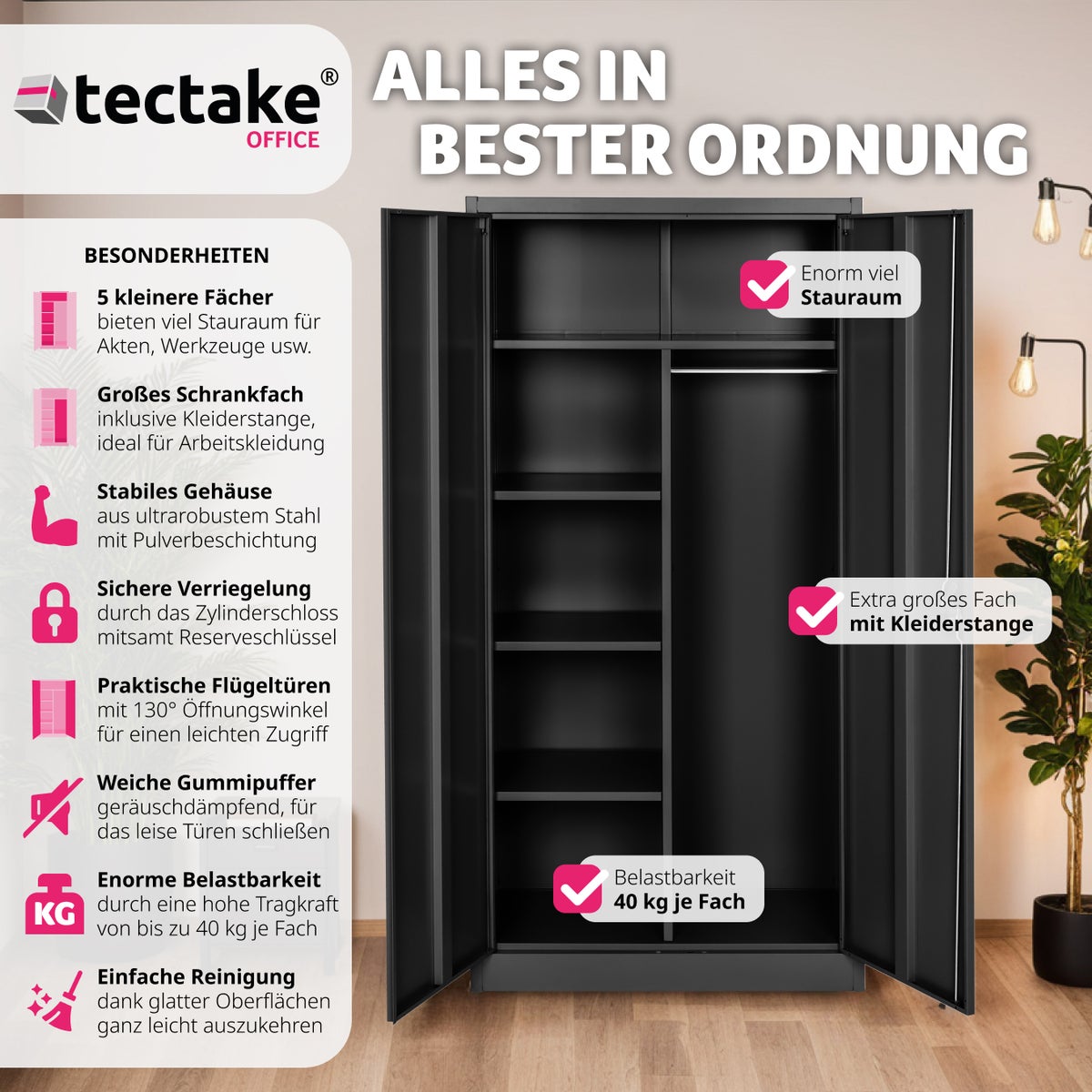 tectake locker van gepoedercoat staal, 180 x 80 x 40 cm
