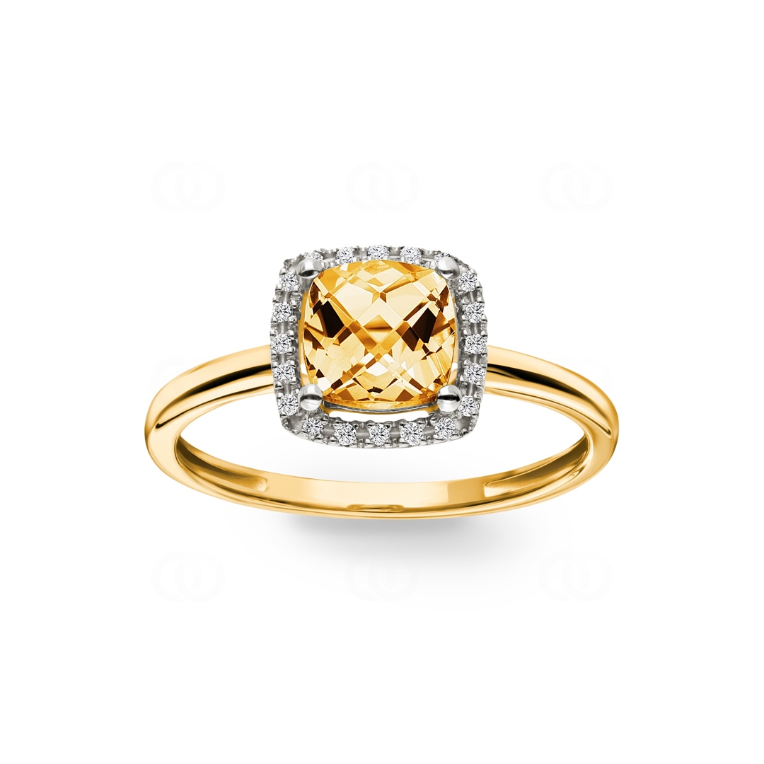 Damenring 750/18 K Gelbgold mit Citrin Kissen und Diamanten 0.06 ct H/si