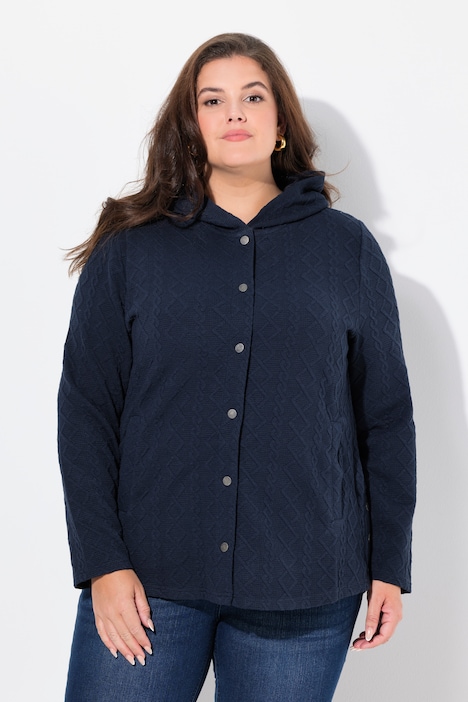 Hoodie-Jacke, Zopfmuster, Druckknöpfe, hinten länger