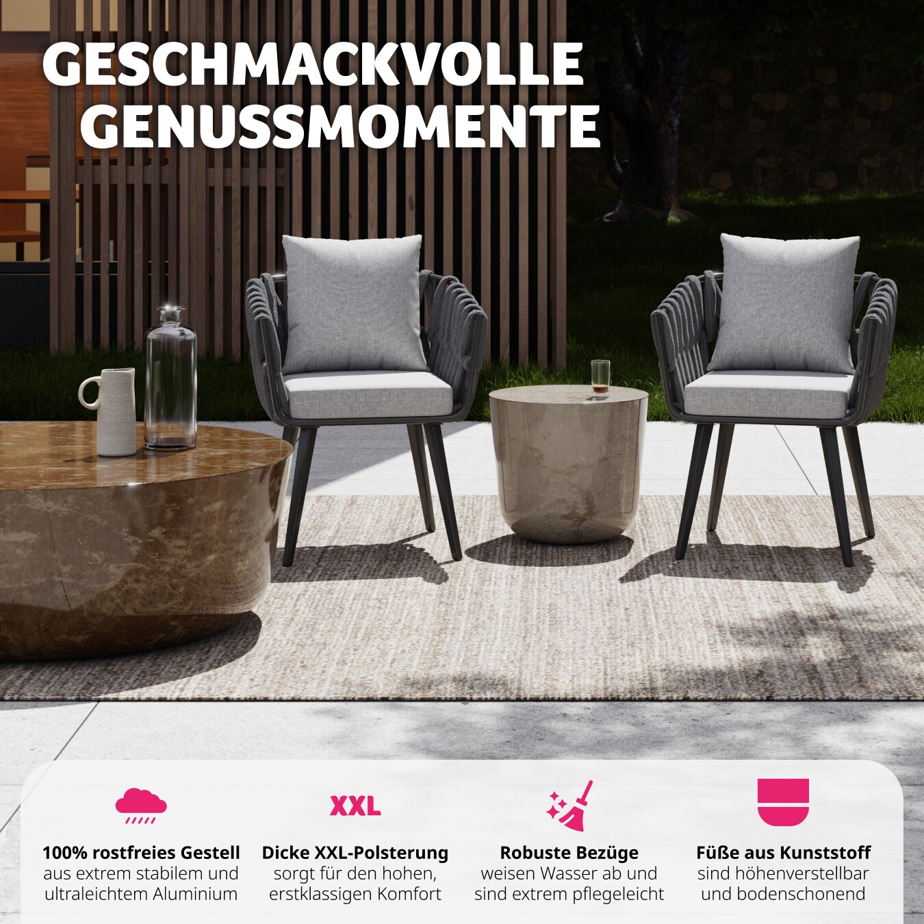 tectake® Stuhl, mit Aluminiumgestell, im Rope-Design, höhenverstellbare Kunststofffüße, 61 x 60 x 73 cm