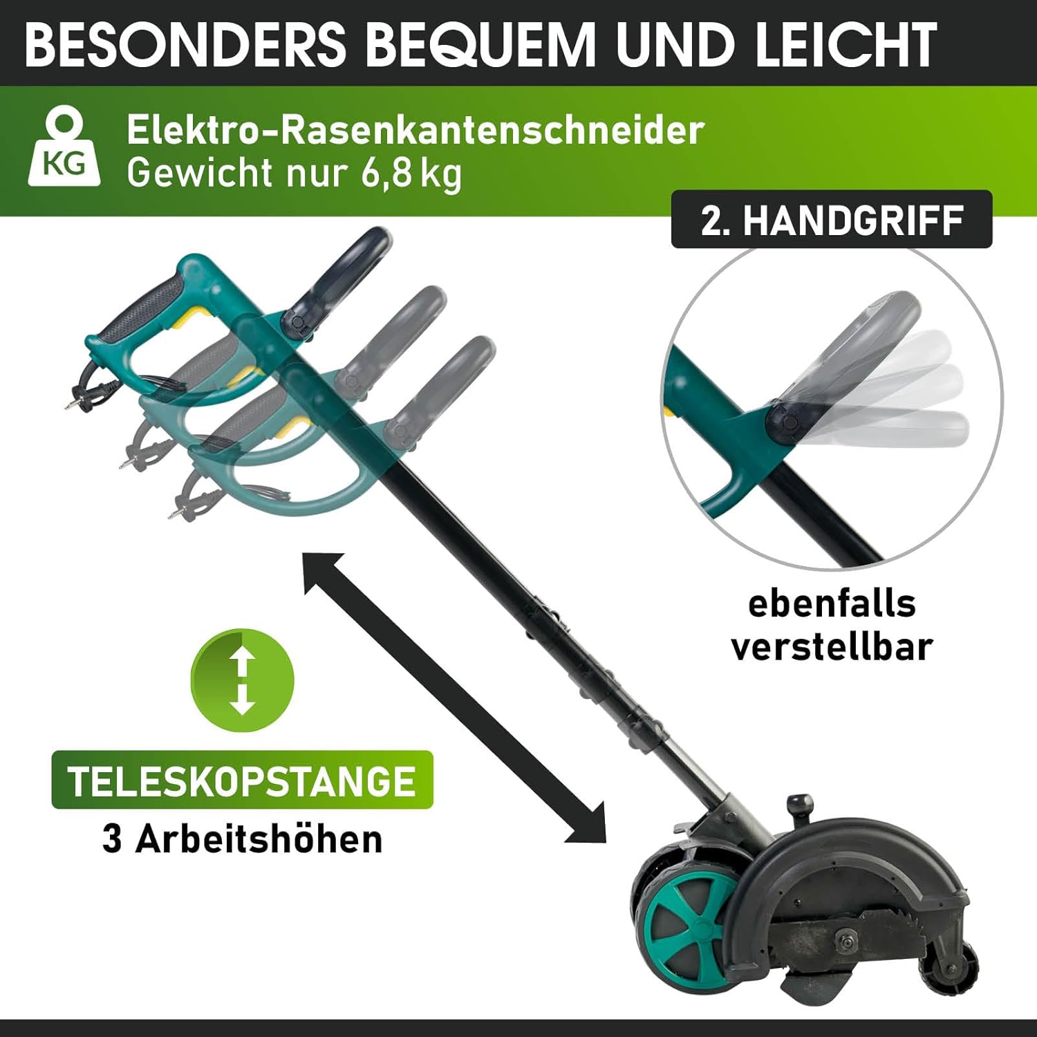 BRAST® Rasentrimmer Rasenkantenschneider | 1400Watt | doppelseitiges Flügelmesser | einstellbare Führungsschiene als Kantenschutz | Nylon-Unkrautbürste | robuste Teleskopstange | Sicherheitsschalter