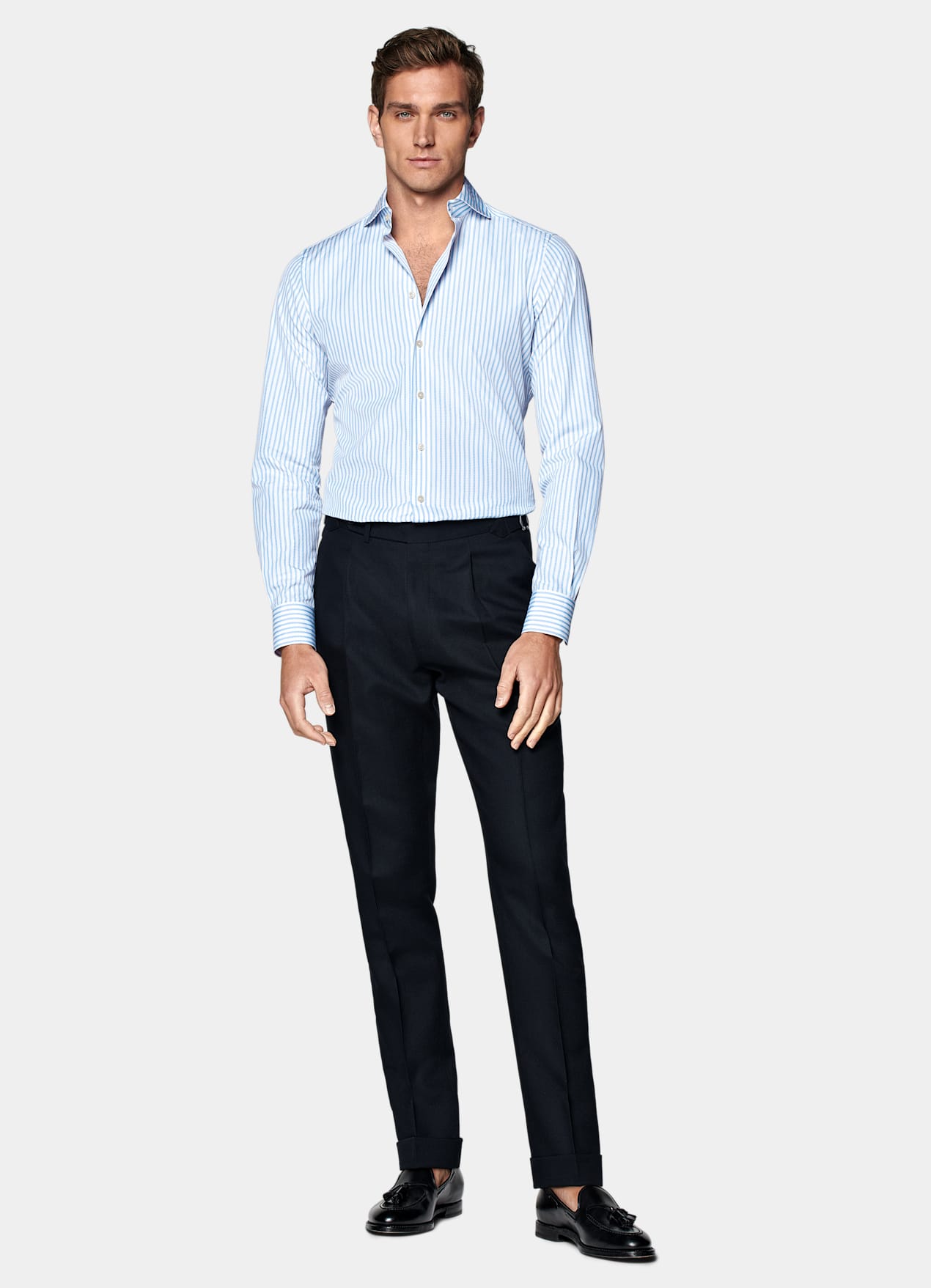 Chemise coupe ajustée en popeline bleue à rayures