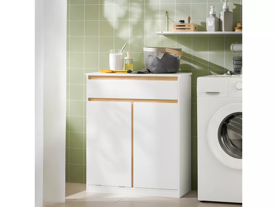 SoBuy Meuble Bas de Salle de Bain avec Bac à Linge Amovible Armoire à Linge Commode pour Salle de Bain Armoire Toilette avec 1 Tiroir, et 1 Panier à Linge, 71x33x85 cm, Blanc, BZR79-W