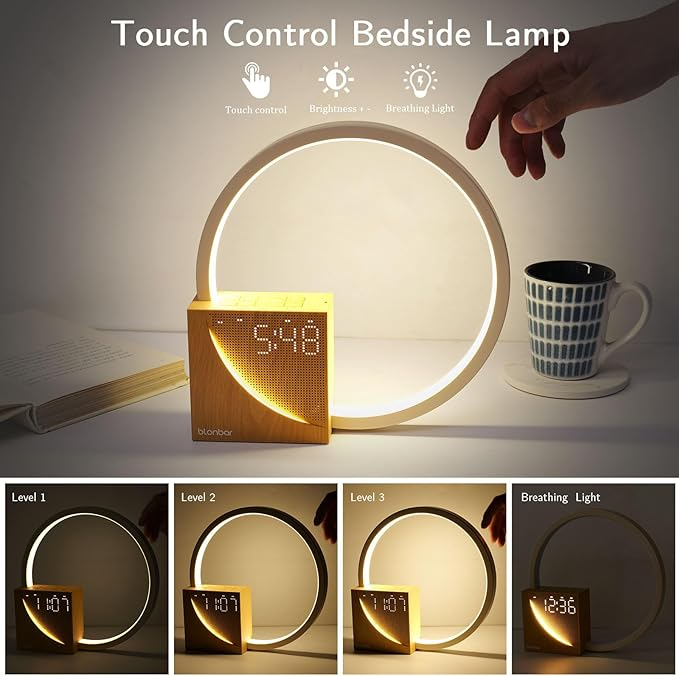 (Ø23cm) Wake Up Licht USB Wecker Dimmbares Touch Control Nachtlicht mit Natur Geräuschen   Schlummer Funktion - Weiss / Braun