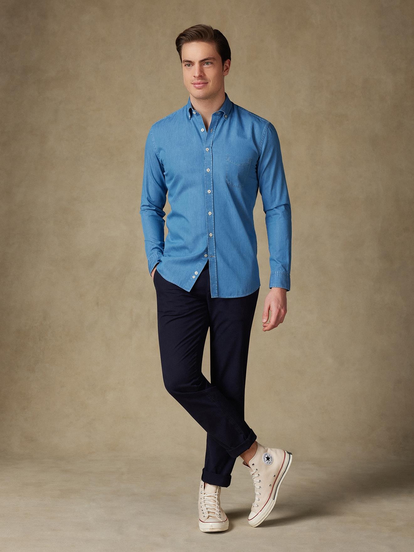 Chemise en denim ciel- Col Boutonné