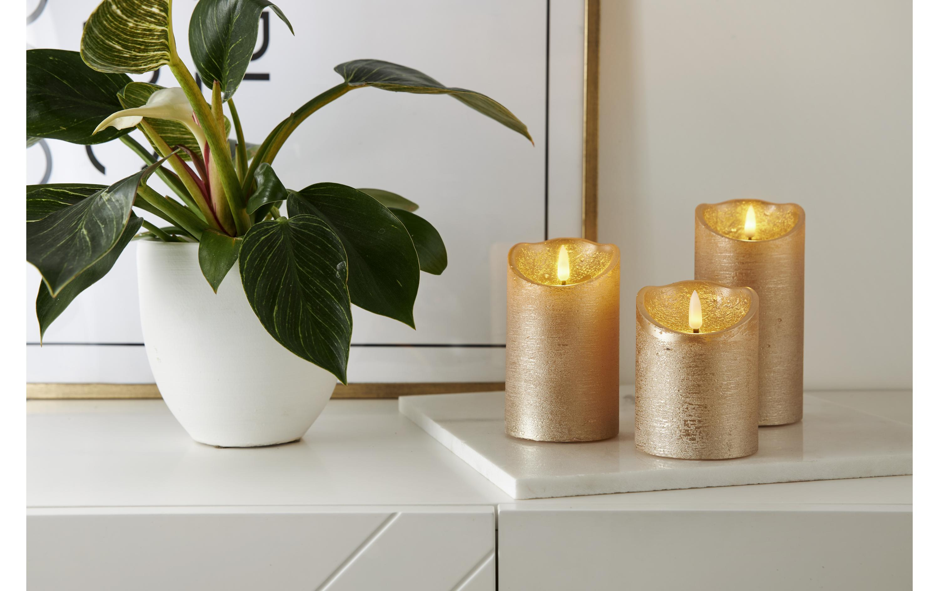 (10cm) Echtwachs LED Pillar Kerze Home Deko Stimmungsleuchte Flamme Rustic (061-19) - Gold