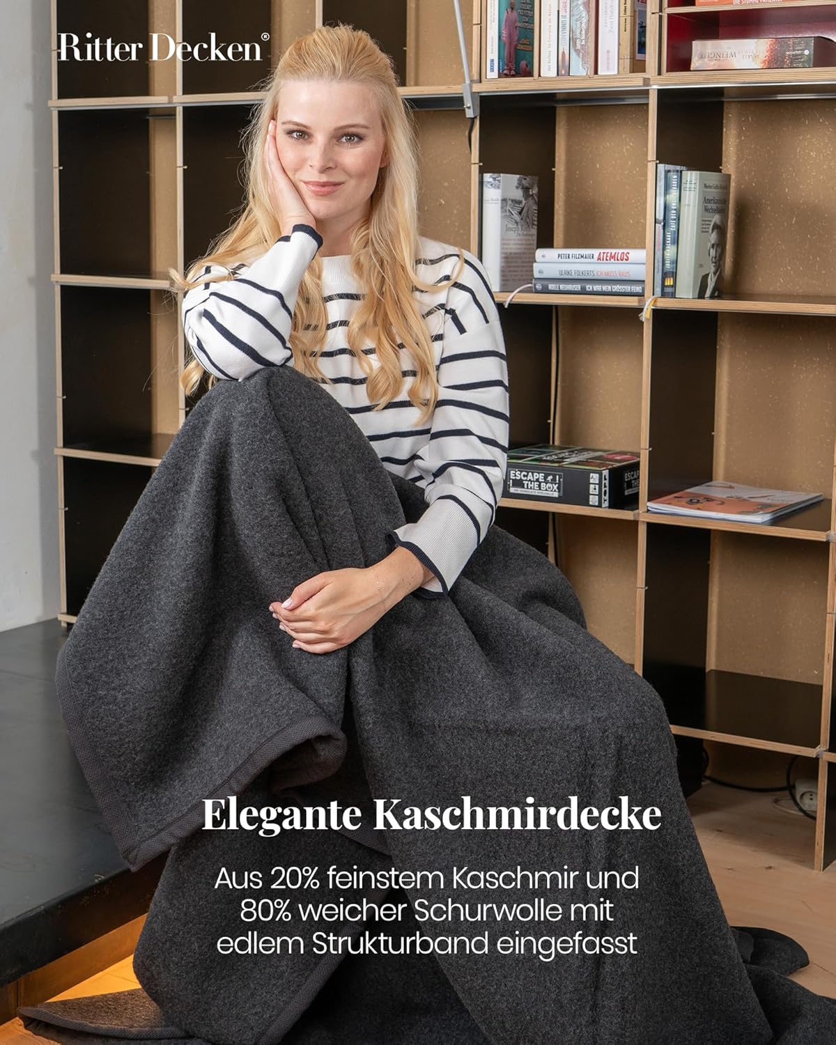 Ritter Decken Kalif Kaschmirdecke 150 x 100 cm - Anthrazit - Hochwertige Wolldecke aus Kaschmir & Feiner Merinolammwolle - Warme Wolldecke - Made in Germany