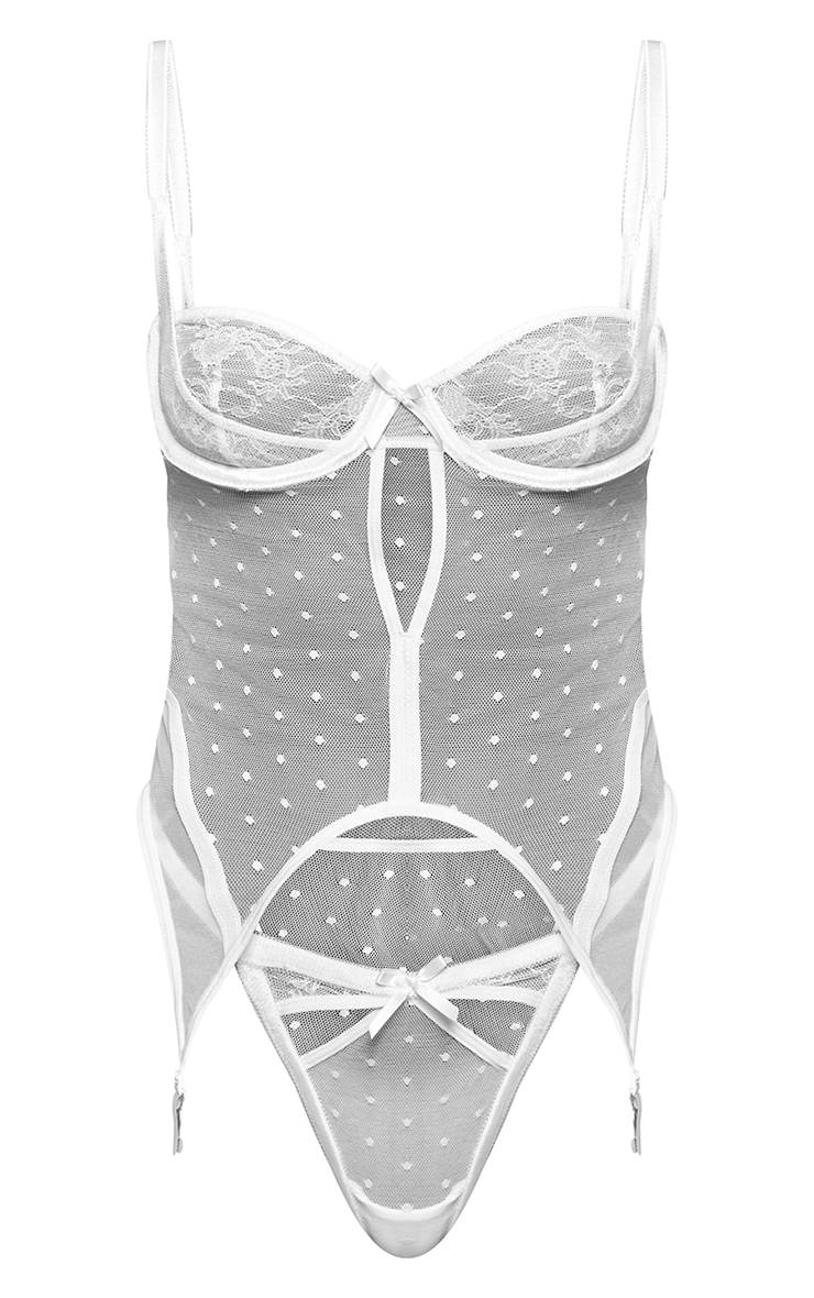 Blanc Ensemble Body À Empiècements En Tulle À Pois