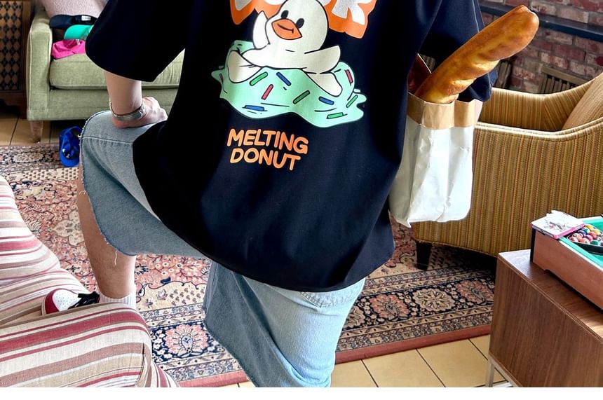 SeoulPop - T-shirt met korte mouwen en eendenprint, losvallend
