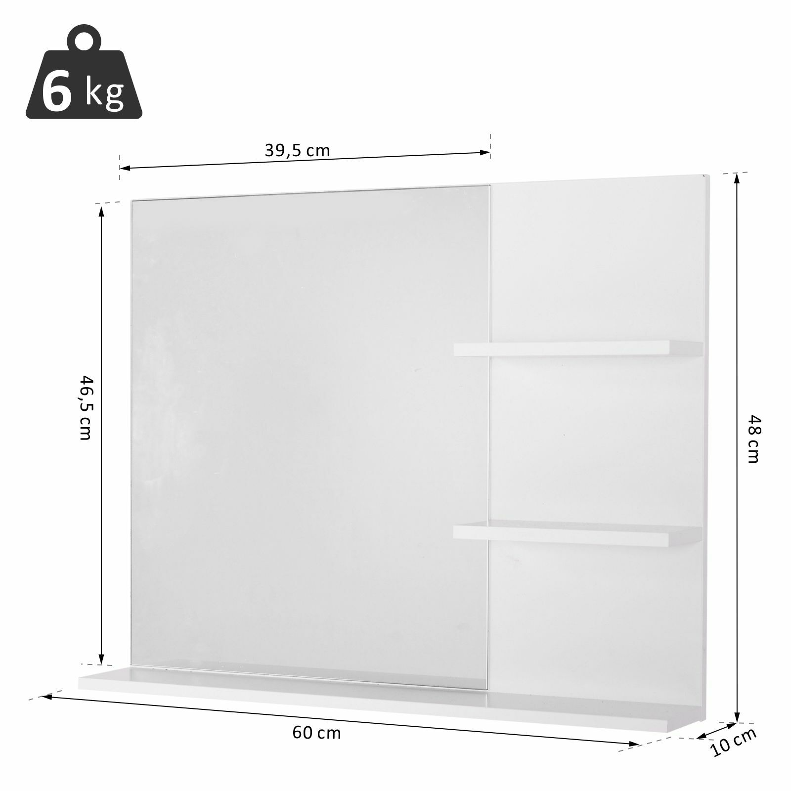 kleankin Badspiegel mit 3 Ablagen weiß 60 x 10 x 48 cm (BxTxH)