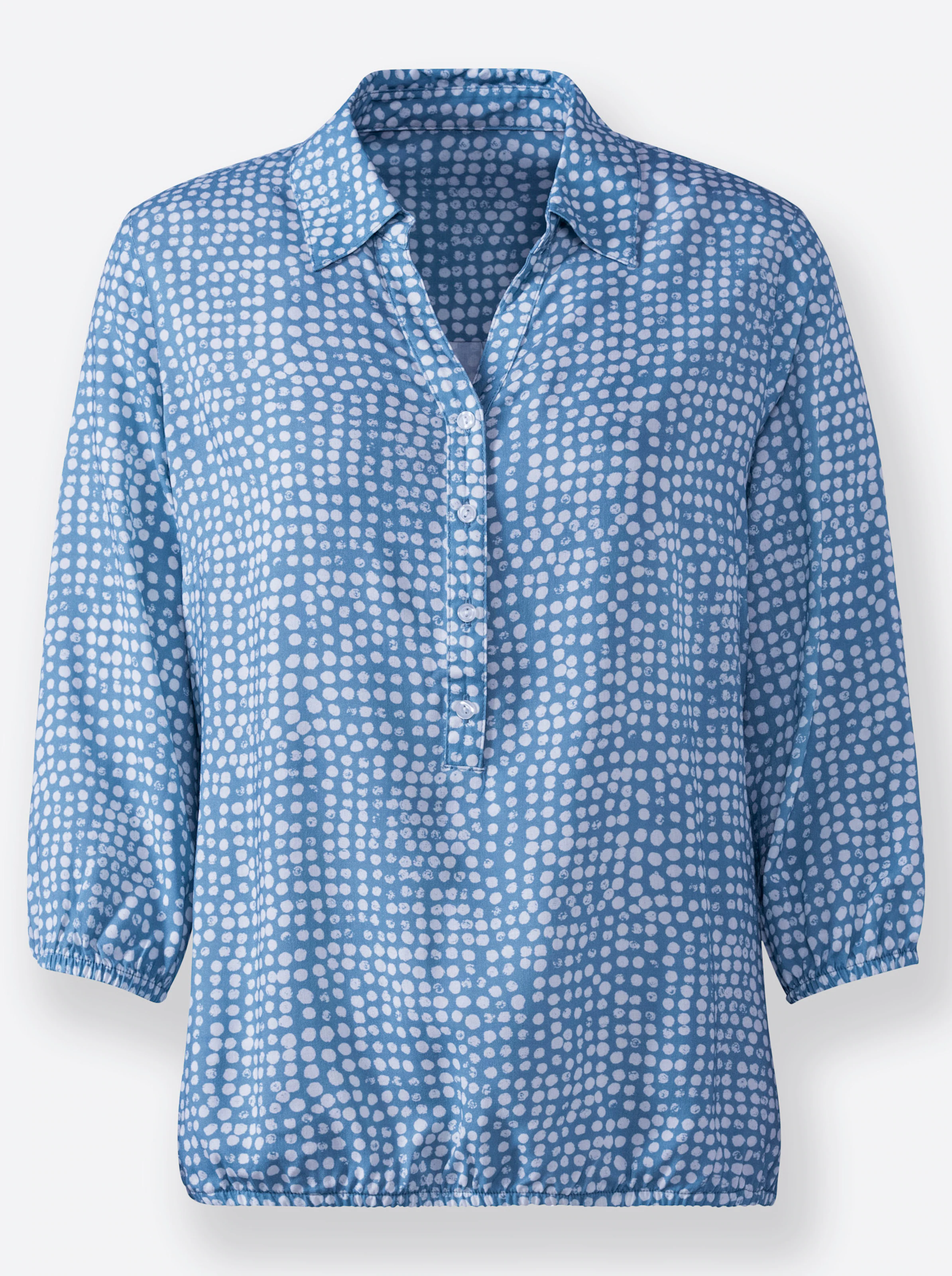 Bluse in mittelblau-weiß-bedruckt