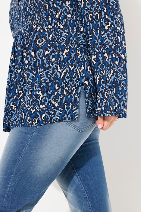 Bluse, gesmokt, Rundhals, ausgestellter Langarm