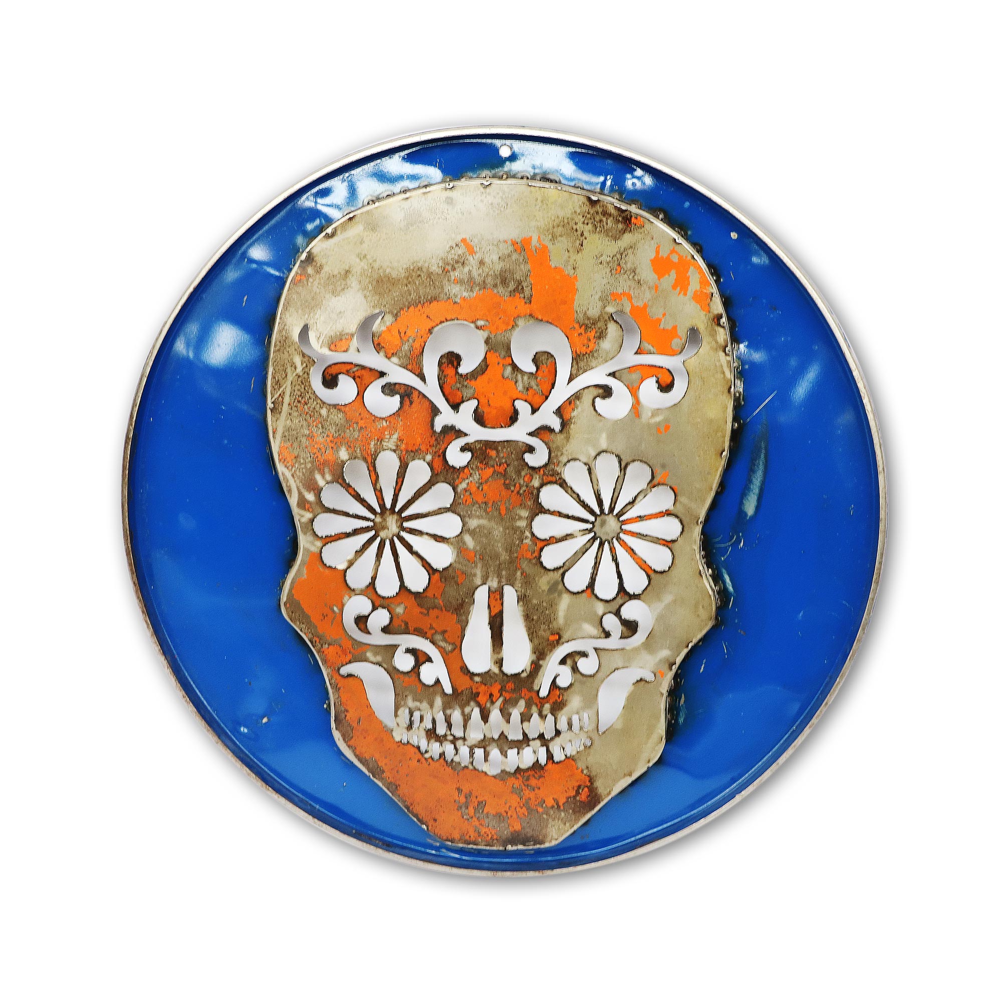 Wandbild 'Skull' aus Ölfässern, blau, orange, Ø 58 cm, L 3 cm von fischer's lagerhaus