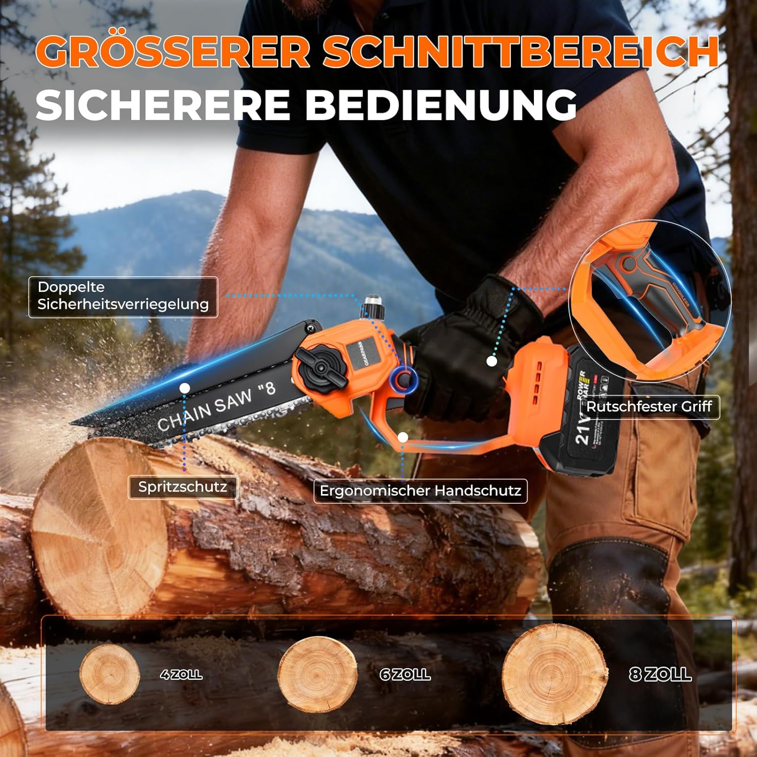 4-in-1 Akku-Hochentaster, 20cm Mini-Kettensäge & elektrische Gartenschere mit bürstenlosem Motor, automatischer Ölung 4,5 m Reichweite, 2 x 21V 3,0 Ah Akkus für Baumschnitt & Holzbearbeitung