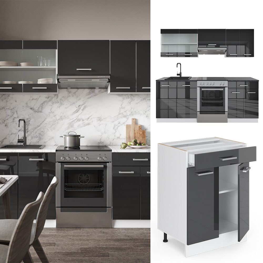 Vicco KÜCHE R-LINE 200CM KÜCHENZEILE KÜCHENBLOCK EINBAU Anthrazit Hochglanz