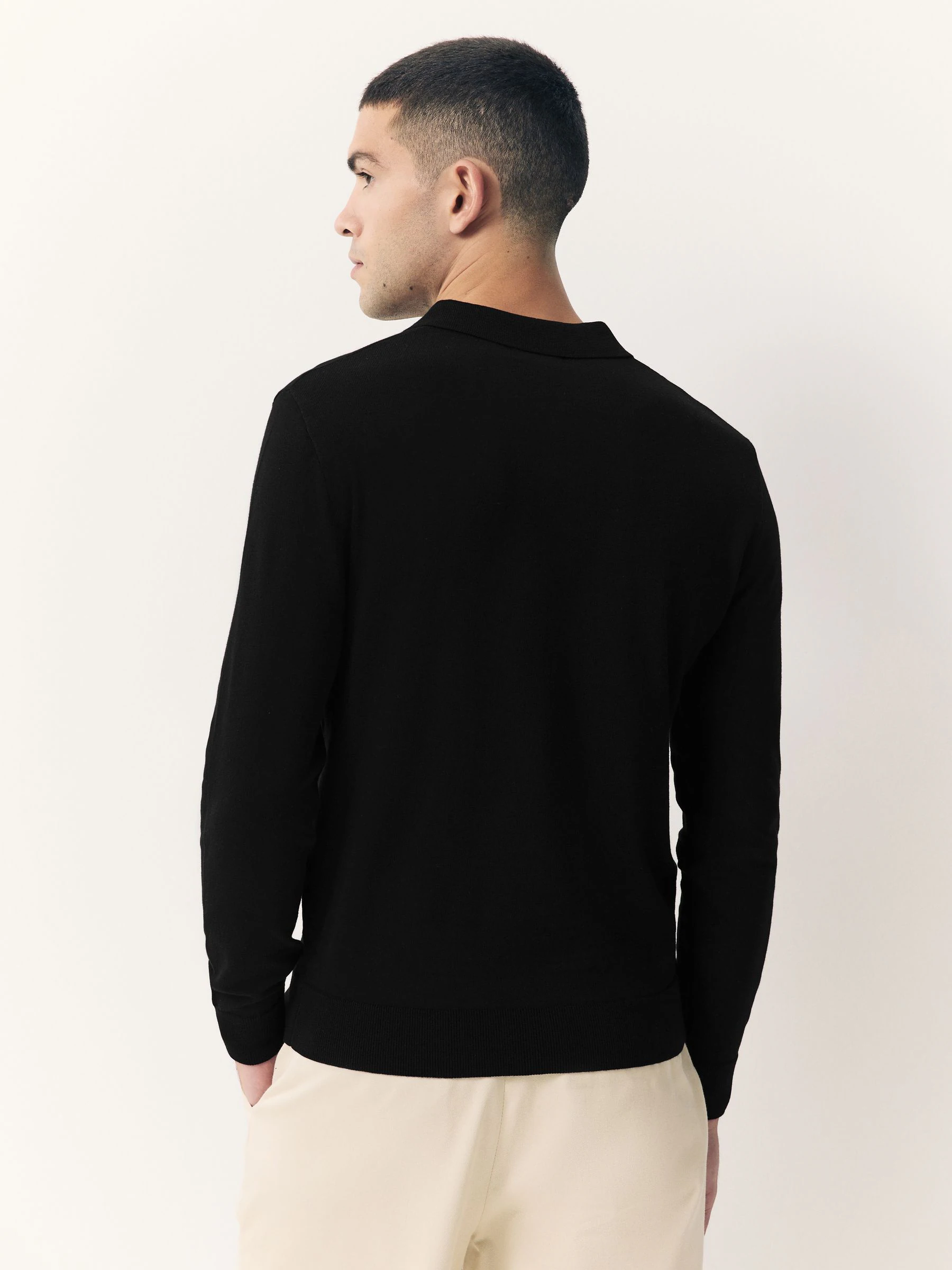 Zwart - Slim Fit - Katoenrijk gebreid poloshirt met lange mouwen
