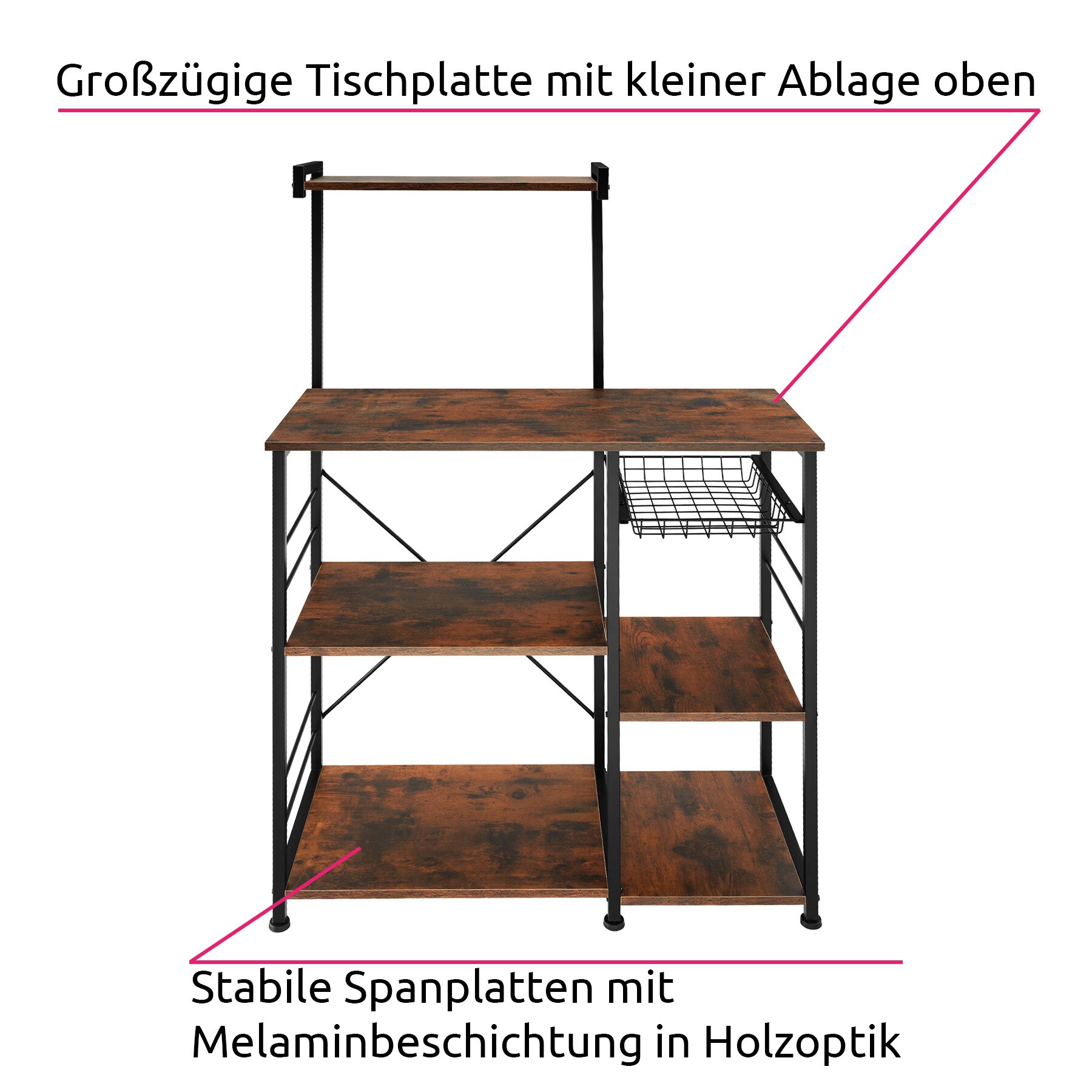 tectake® Küchenregal, Industrial Style, 6 Ablagen und ausziehbarer Gitterkorb, 90 x 40 x 131,5 cm