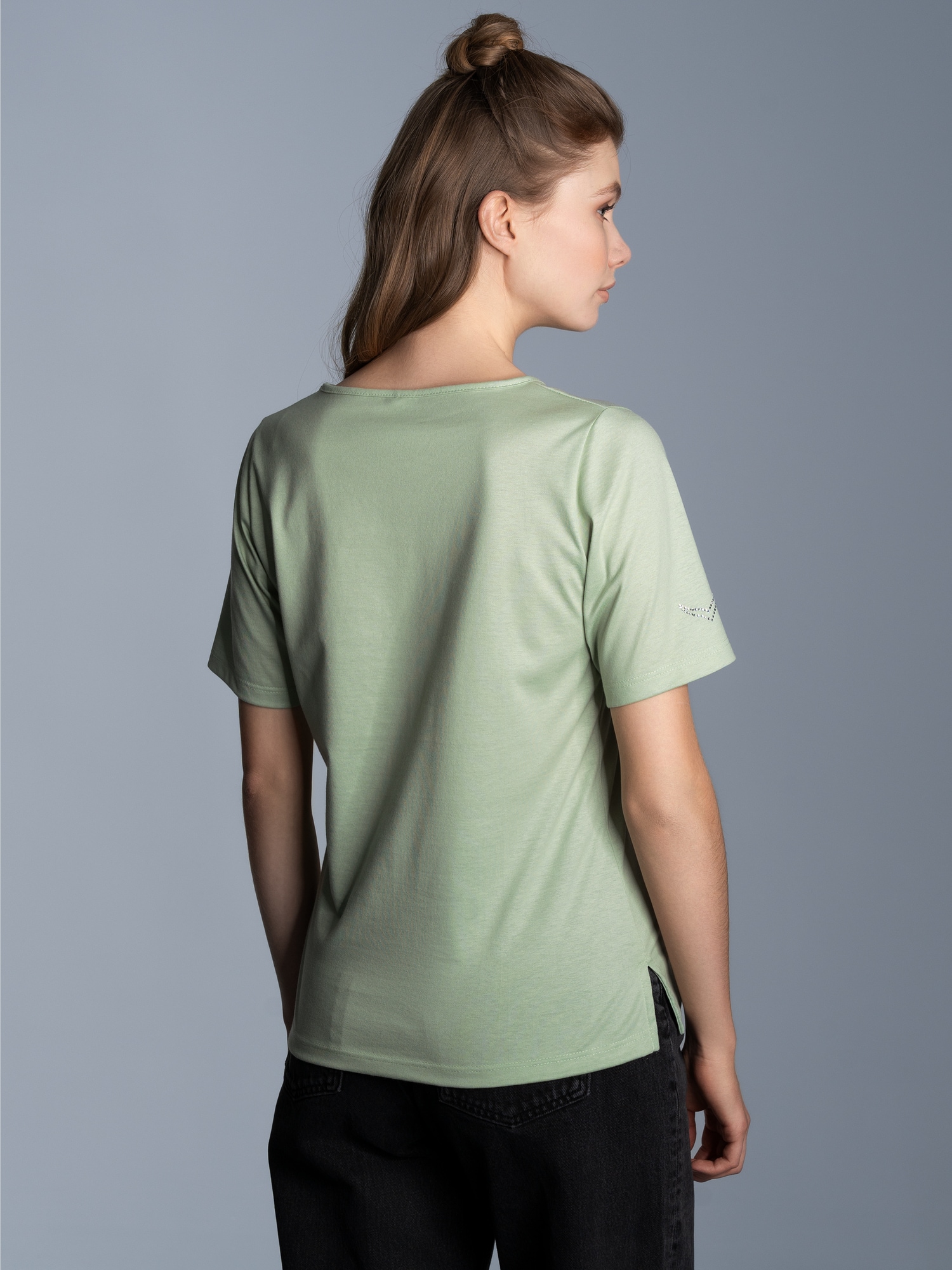 T-Shirt DELUXE Baumwolle mit Kristallsteinen Green tea