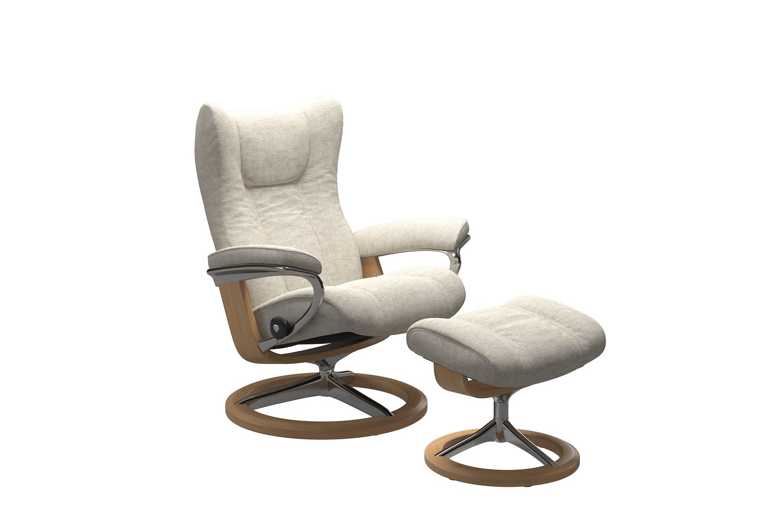 Wing lenestol m/krakk Tekstil Peony Beige - Signature Chrome - Eik