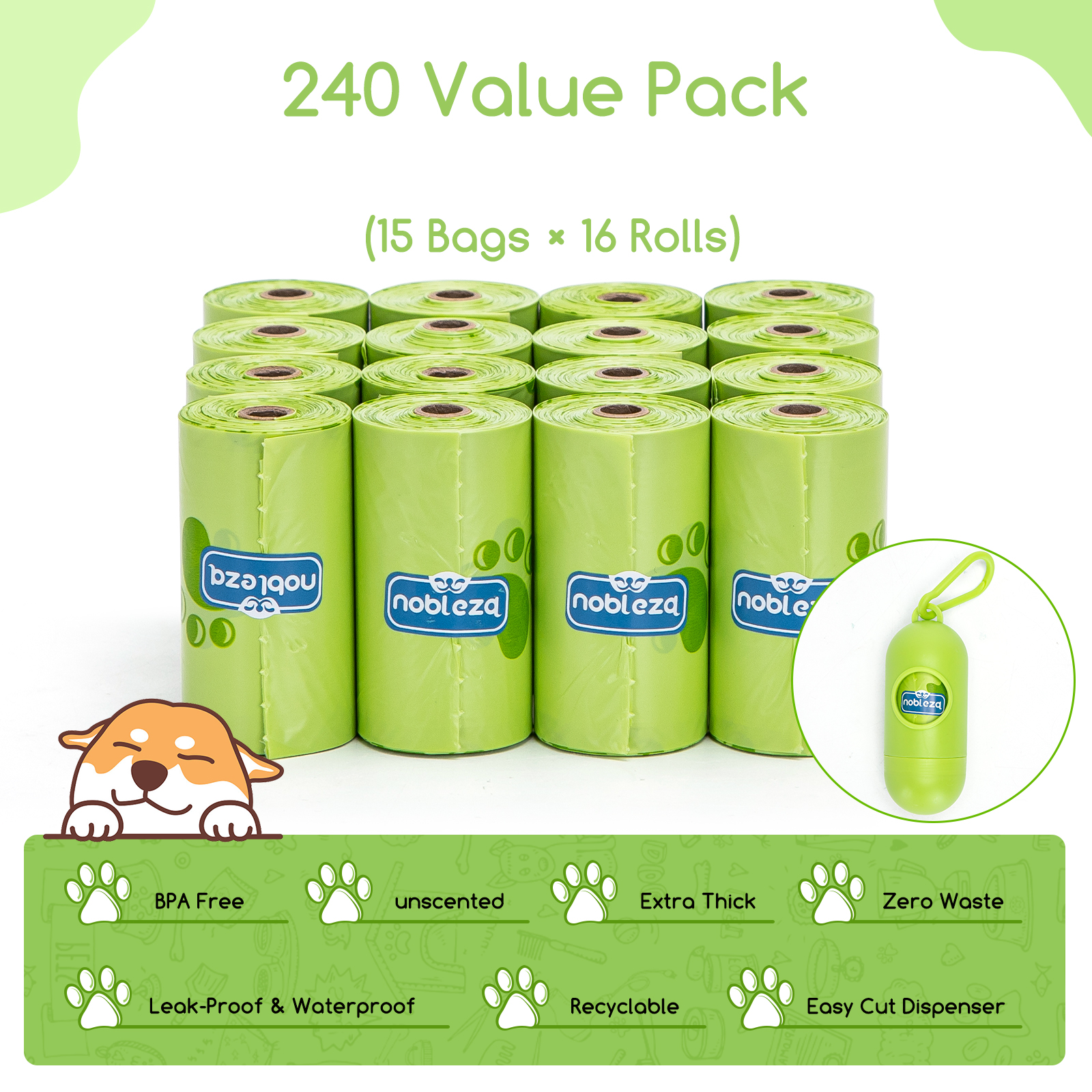 Sacos para Fezes de Cachorro Nobleza, Biodegradáveis, 240 Sacos com Dispensador, Extra Grossos, À Prova de Vazamentos, 16 Rolos