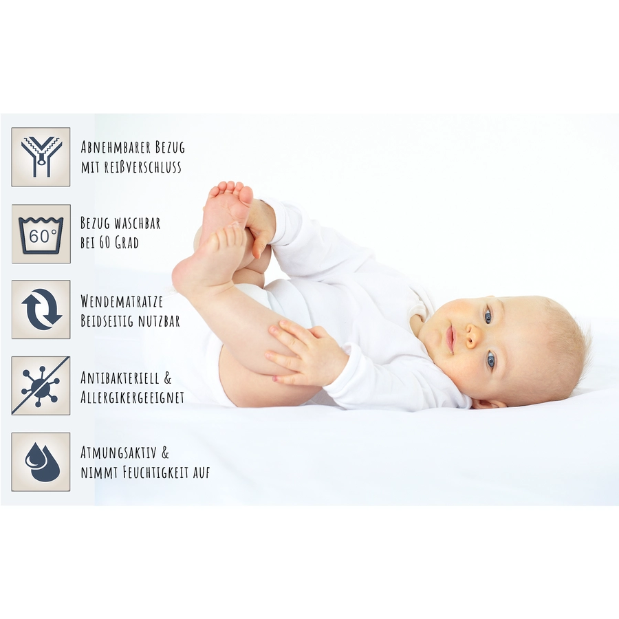 Kids Collective Babybett Gitterbett 60x120 höhenverstellbar | herausnehmbare Sprossen Stäbe natur mit Matratze