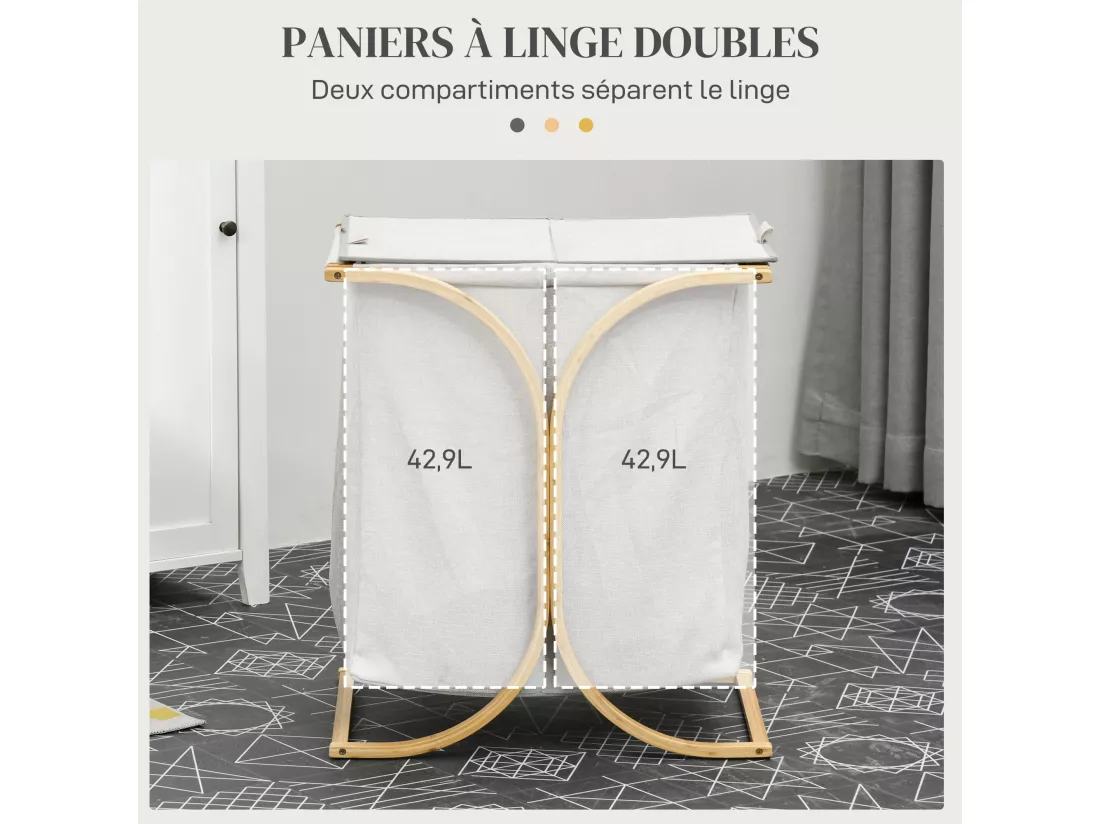Panier à linge corbeille à linge bac linge sale 2 paniers bambou polyester gris
