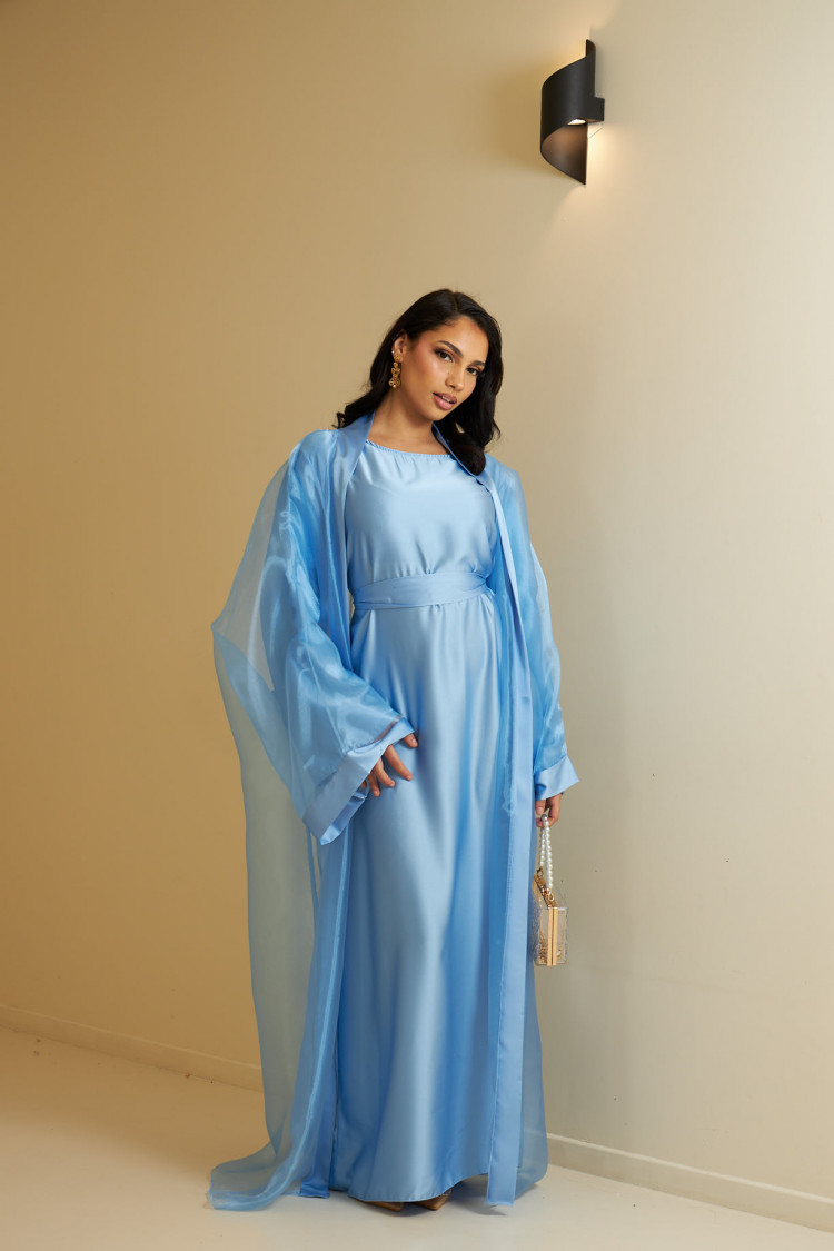 Ensemble 2 pièces abaya + kimono ceinturé bleu