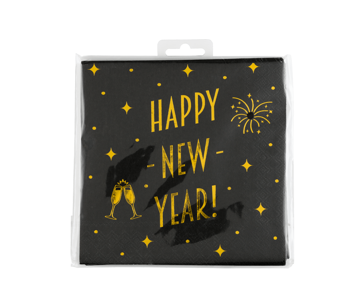 Happy New Year Servetten Zwart Goud 19cm 16st