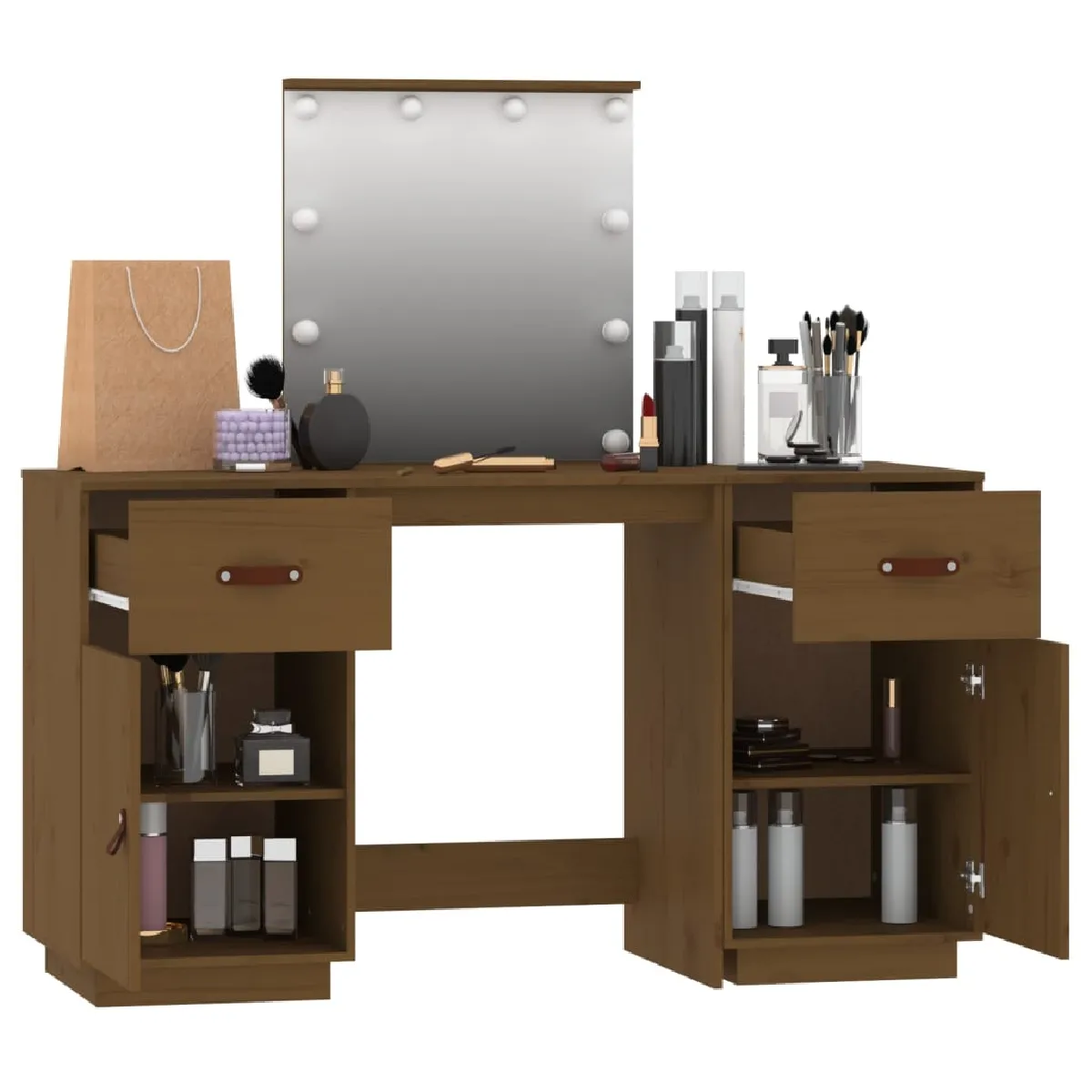 vidaXL Coiffeuse avec LED - Marron Miel