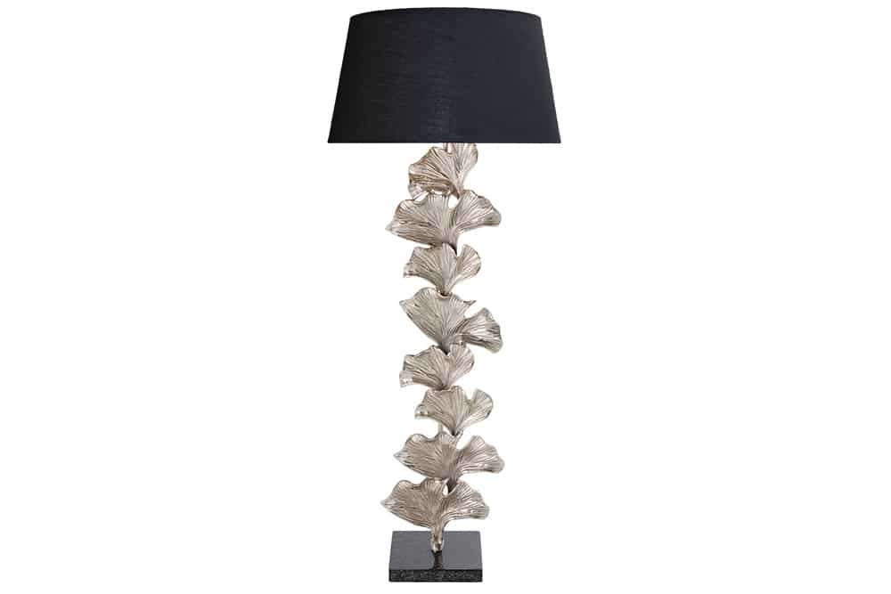 Design Stehlampe GINKGO 122cm schwarz Stoffschirm silber Metall handmade Marmor-Fuß
