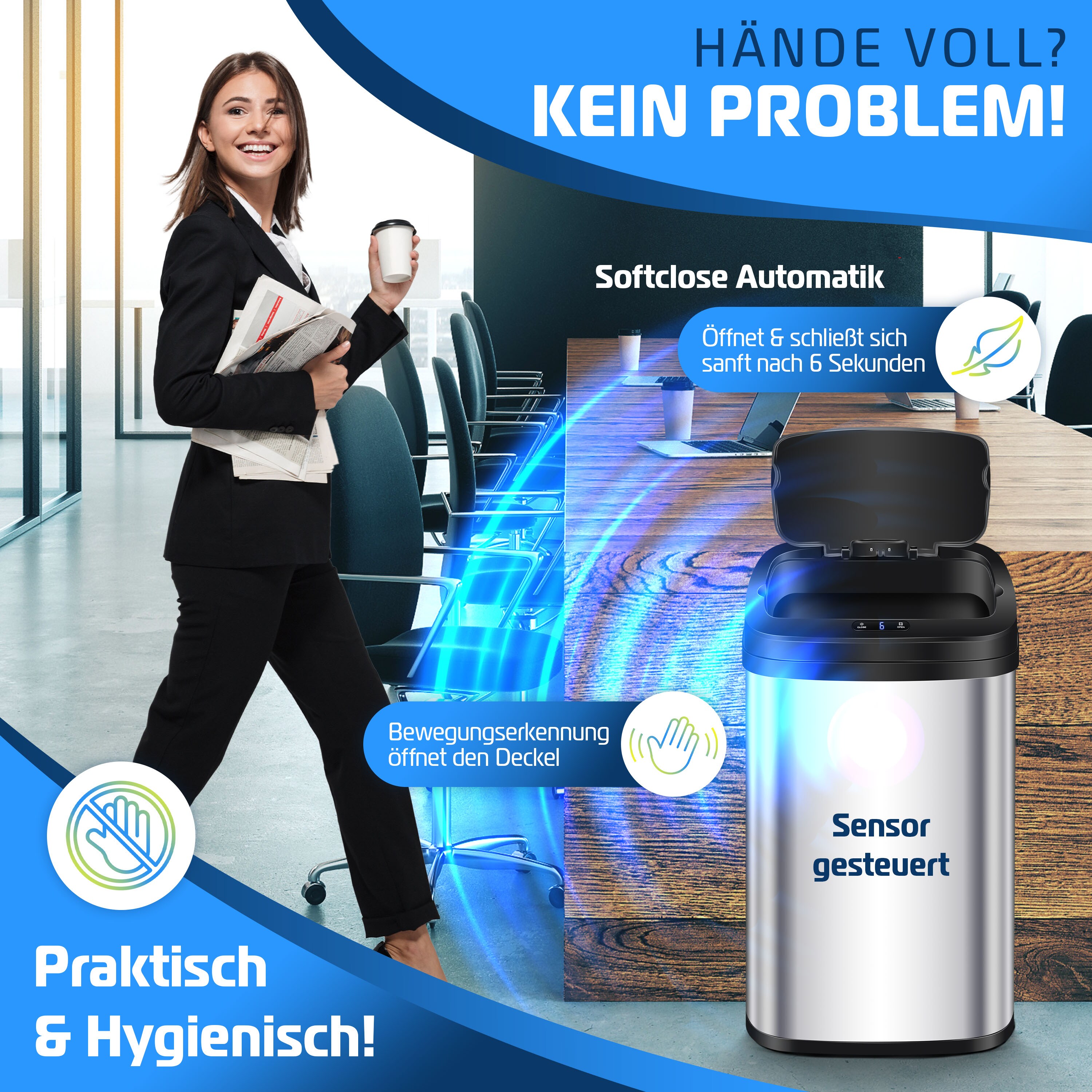 KESSER® Sensor Mülleimer Küche | Automatik mit Bewegungssensor Abfalleimer & Soft-Close-Deckel | Müllbehälter mit Touch-Bedienfeld & Sensor | LCD-Display | Edelstahl | inkl. Müllsackhalter