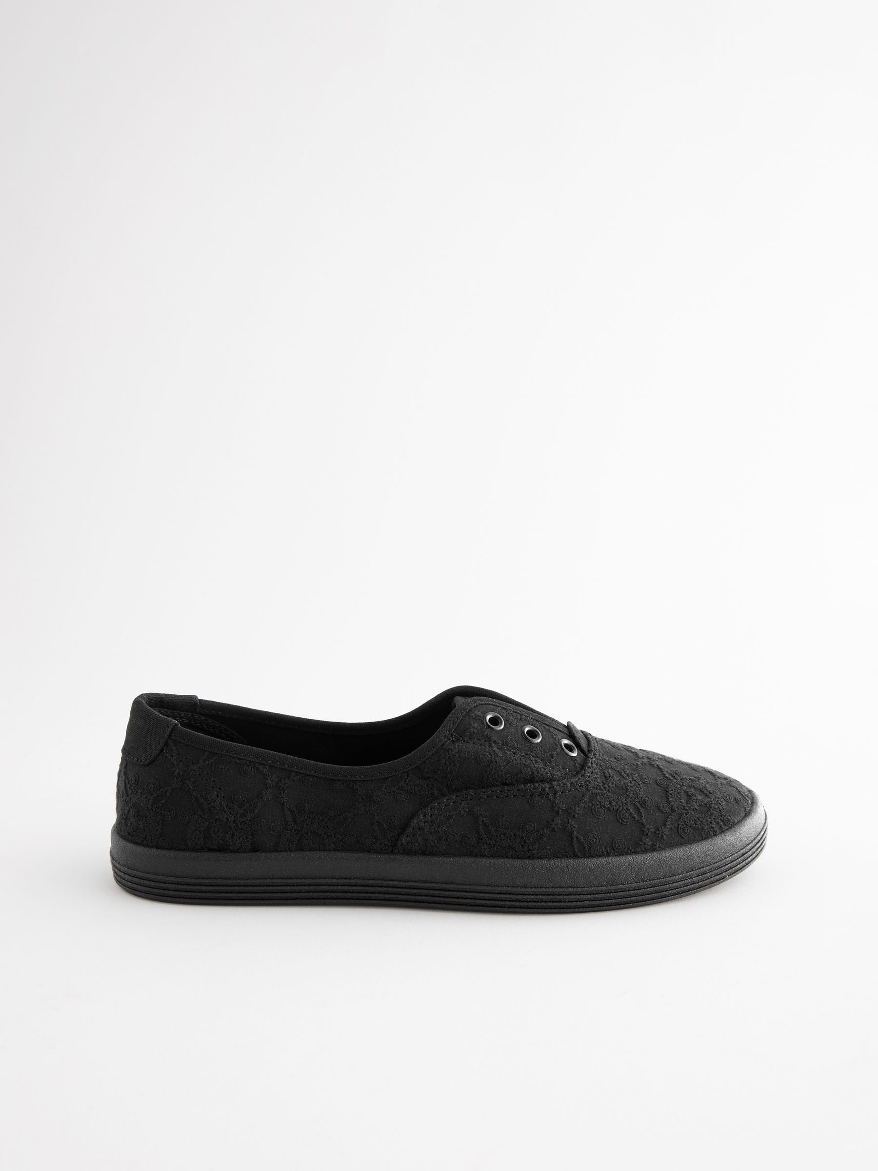 Zwart - Geborduurde veterloze canvas instapsneakers