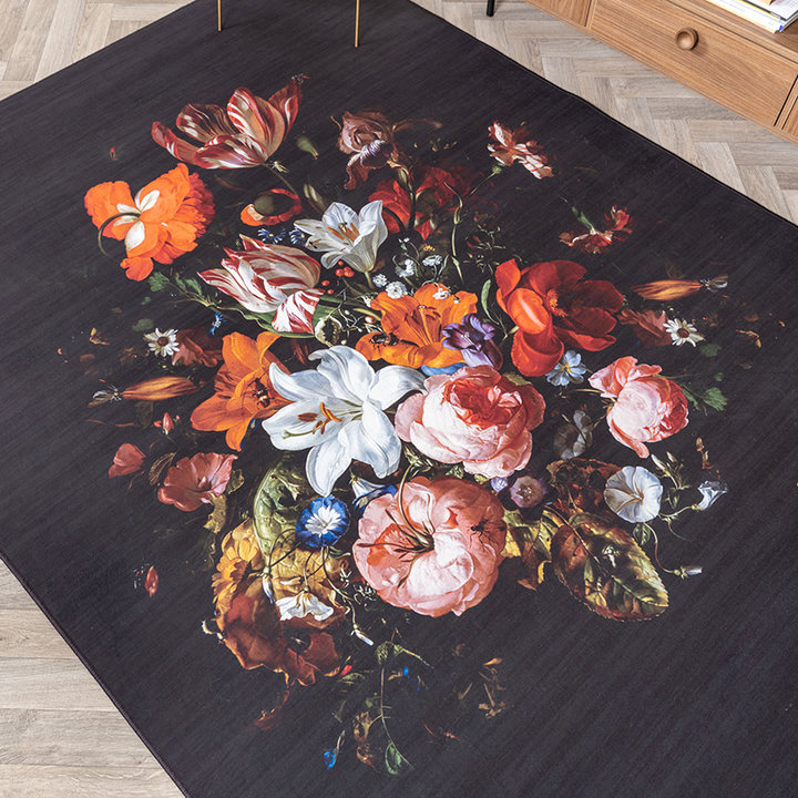 Bloemen vloerkleed - Florine Zwart/Oranje | Kleurrijk