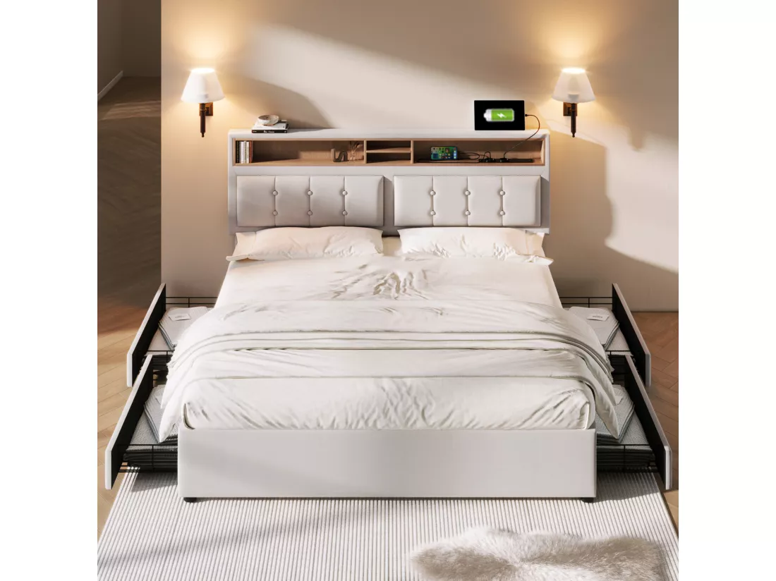 Lit Double Avec 4 Tiroirs Et Prise Usb C - 160 X 200 cm - Tête De Lit Réglable En Hauteur - Sommier À Lattes En Bois - Sans Matelas