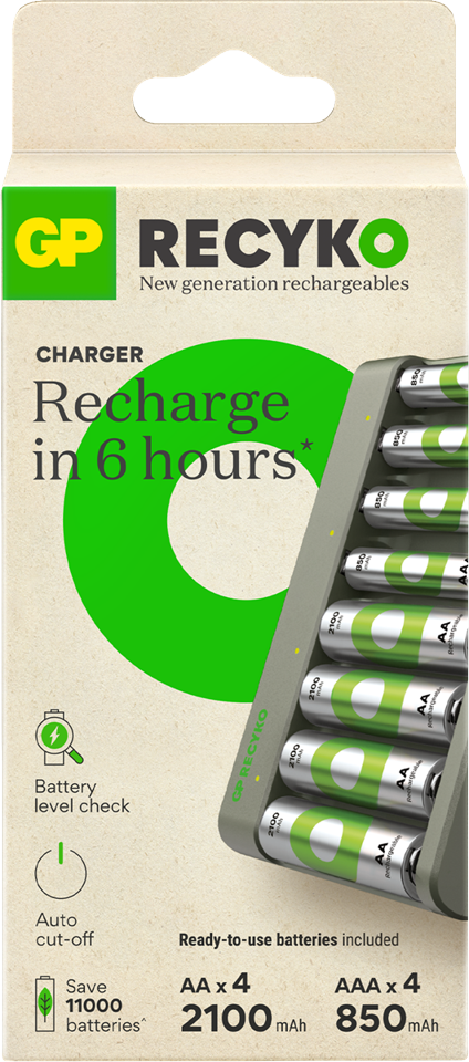 GP - ReCyko Econ Battery Charger, E821 (USB), incl. 4 x AA 2100 mAh + 4 x AAA 850 mAh Batteries