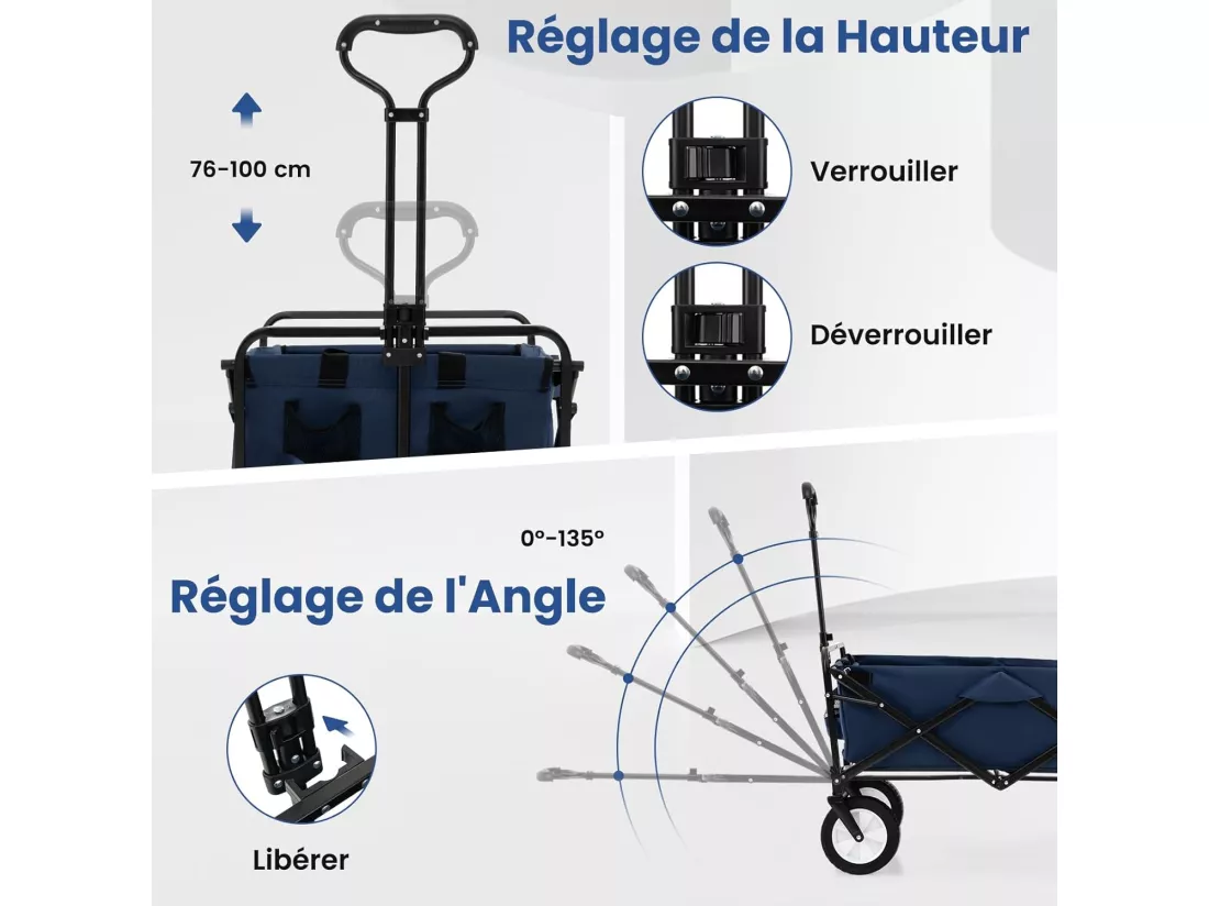 Chariot de Plage Pliable 82 L, Chariot de Transport avec Poignée Réglable et Porte-Boissons Charge 68 kg, Chariot Utilitaire Extérieur pour Jardin CamBoisg Pêche (Marine)