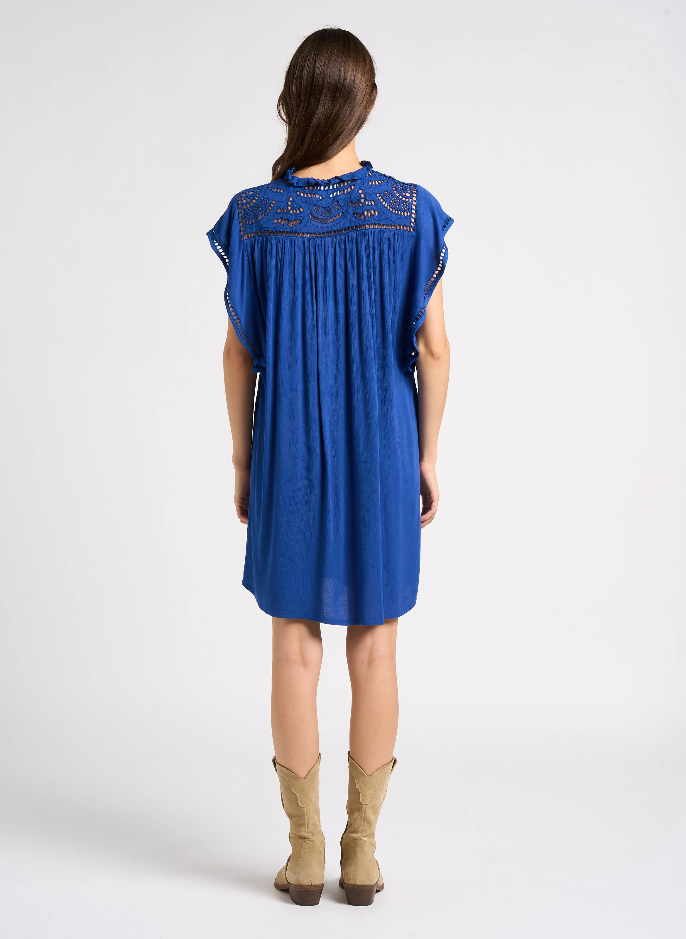 MARGOT - Robe courte brodée en coton | Bleu