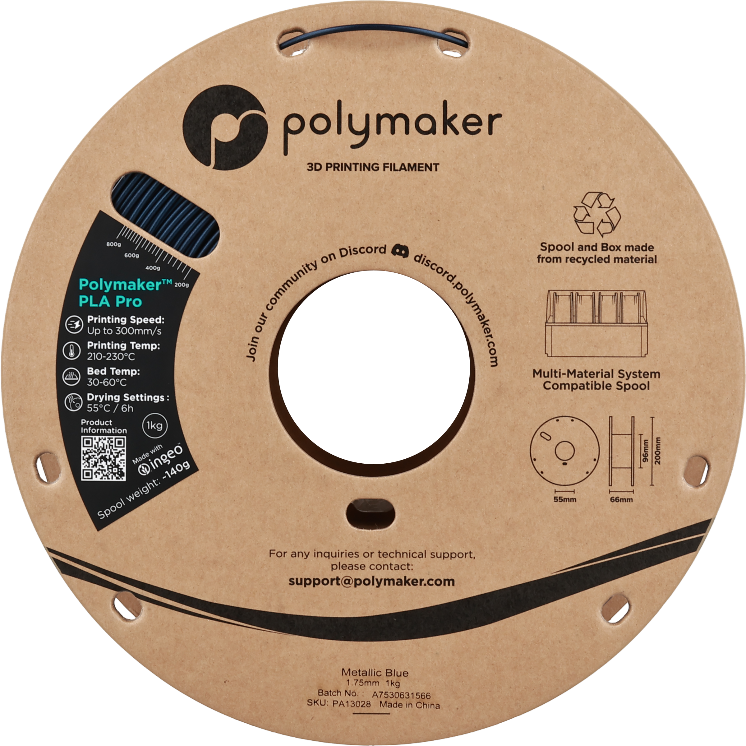 Polymaker  PLA Pro Metallic Blue, 1,75 mm / 1000 g    Neue, verbesserte Formulierung: Hochleistungs-High Speed-PLA in Metallic Blue