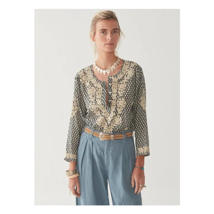 Maison Hotel Blouse Brodée Rita | Bleu marine - Ecru