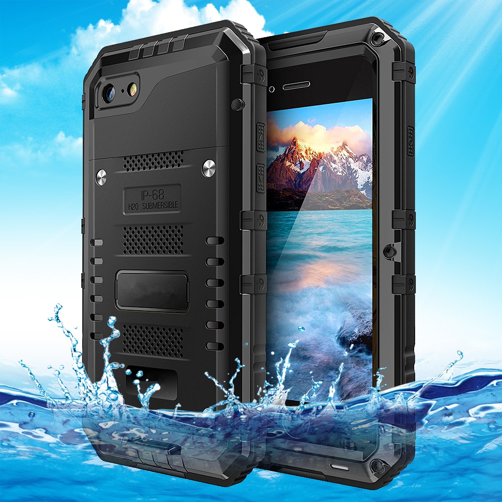 iPhone SE (2022/2020) / 8 / 7 Wasserfeste Hybrid Silikon Metall Outdoor Case Hülle   Panzerfolie - Schwarz