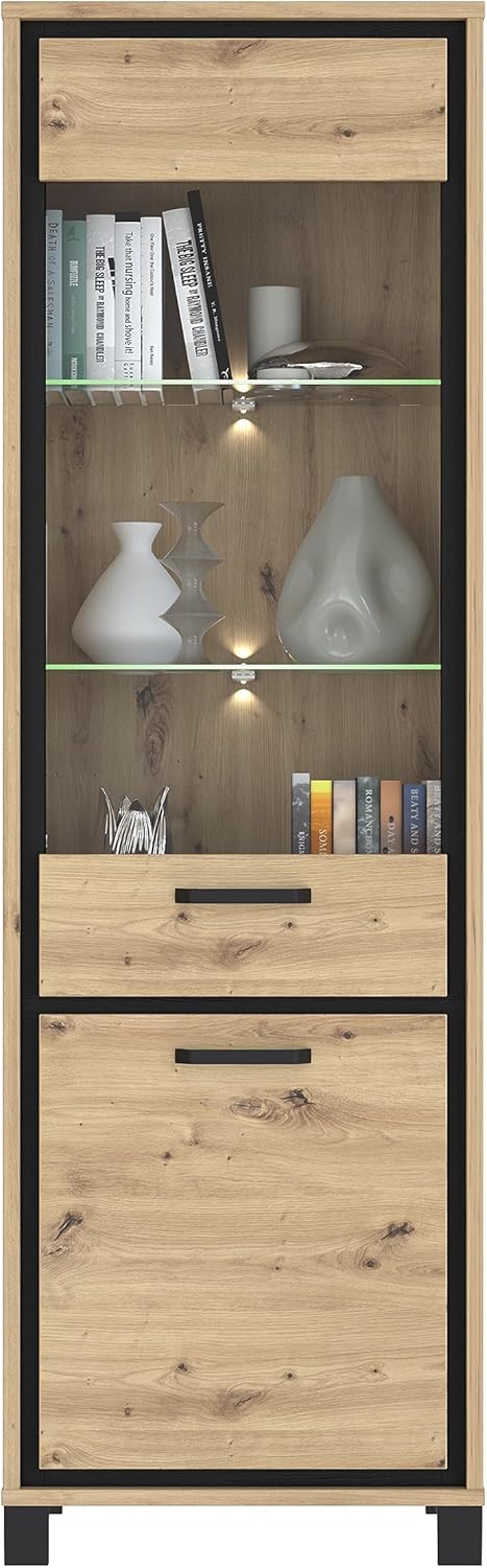 FORTE Trondheim Vitrine mit 2 Türen, Holzwerkstoff, Artisan Eiche kombiniert mit Schwarz Eiche, 64,4 x 209 x 41,5 cm