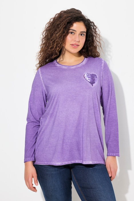 Shirt, cold dyed, Pailletten-Herz, V-Ausschnitt, Langarm