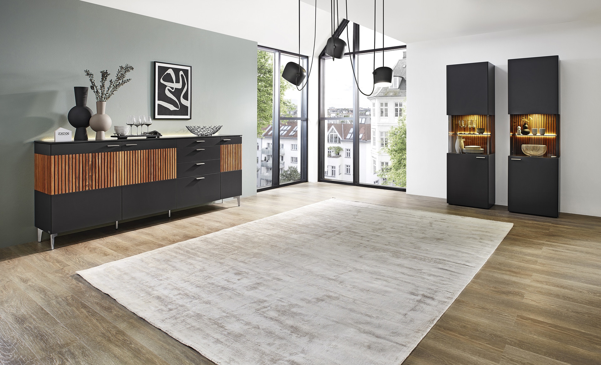 Mondo Vitrine LAZISE 56x198 cm Schiefer Schwarz / Nussbaum