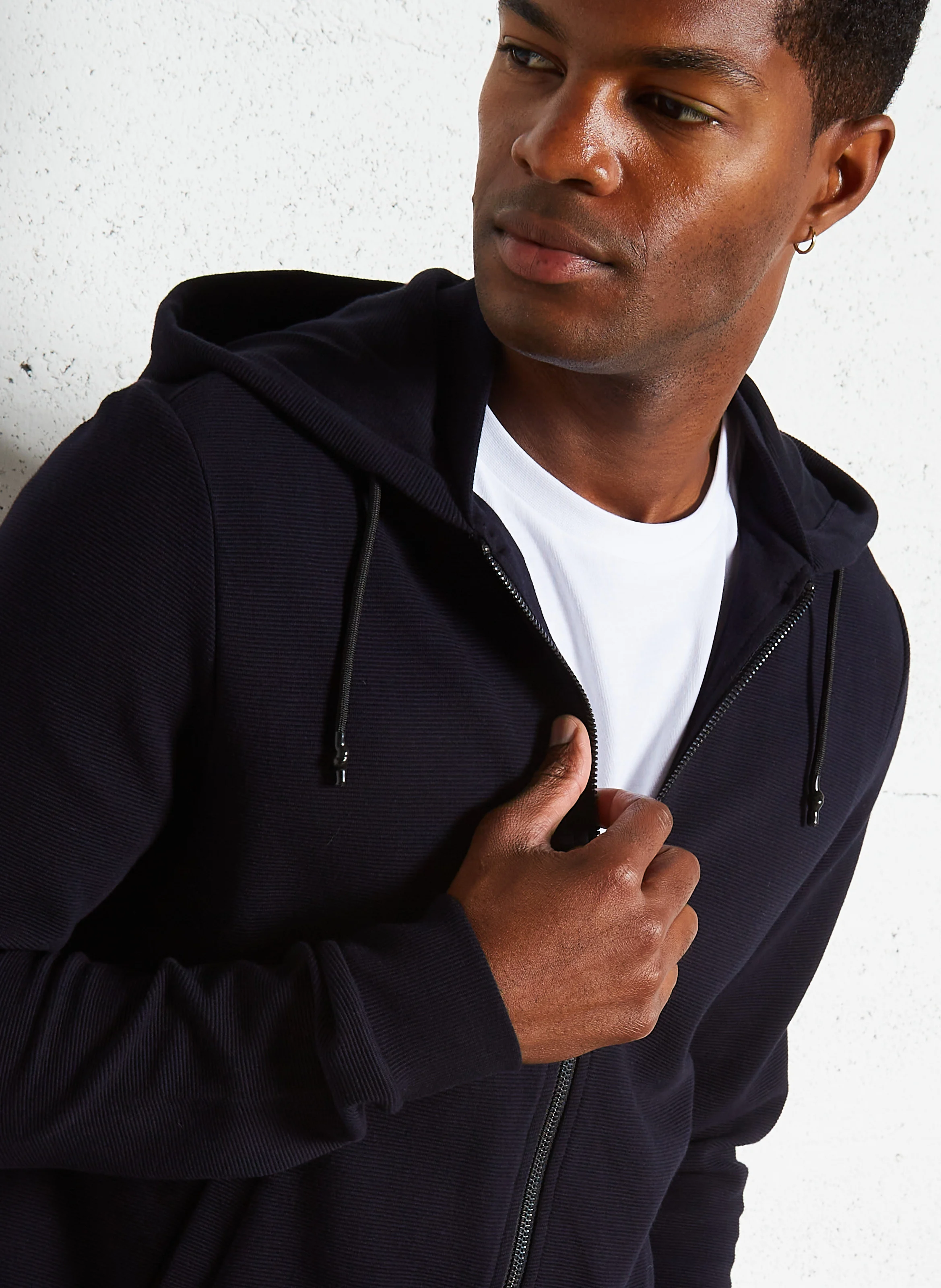 Gilet col rond regular fit à capuche en coton mélangé | Bleu