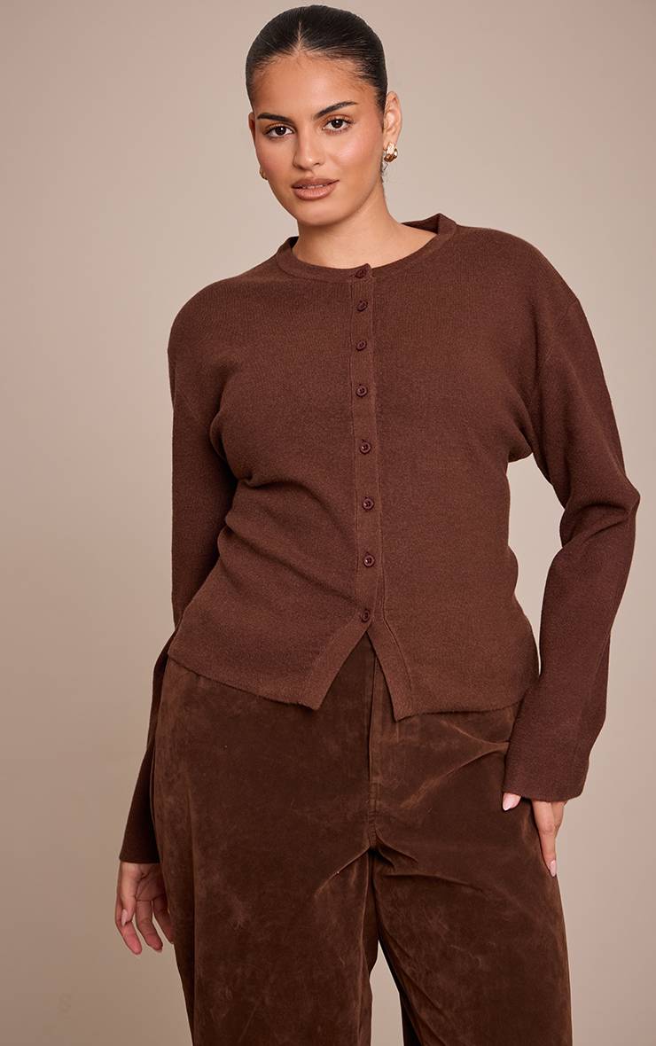 Chocolat Top En Maille À Manches Longues Boutonné Grande Taille